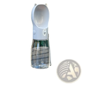 Portable cat ear pet water bottle with white cat-shaped gray plastic top and clear glass base for easy hydration
