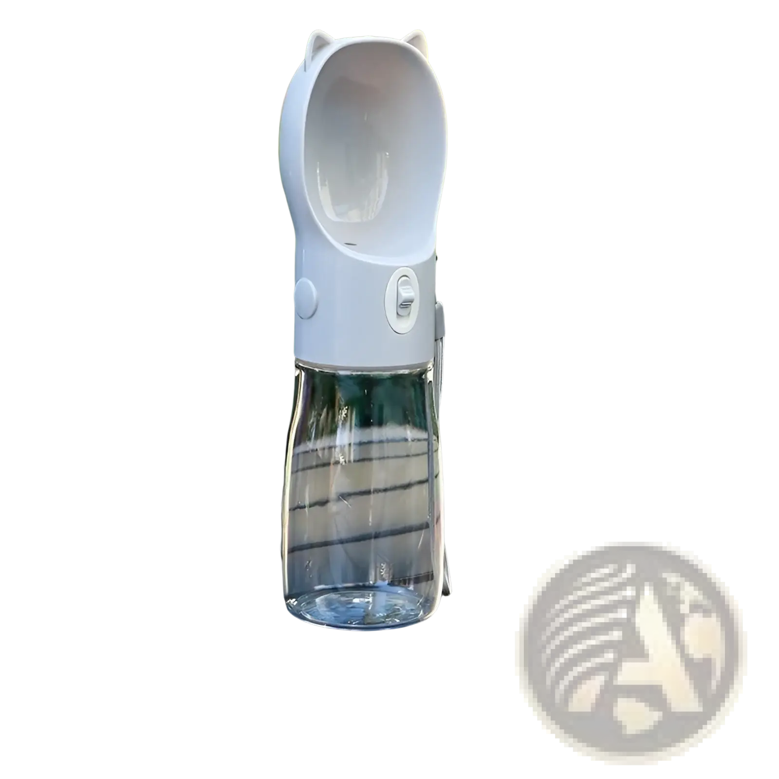 Portable cat ear pet water bottle in white with a clear glass base and 380ml capacity for easy hydration