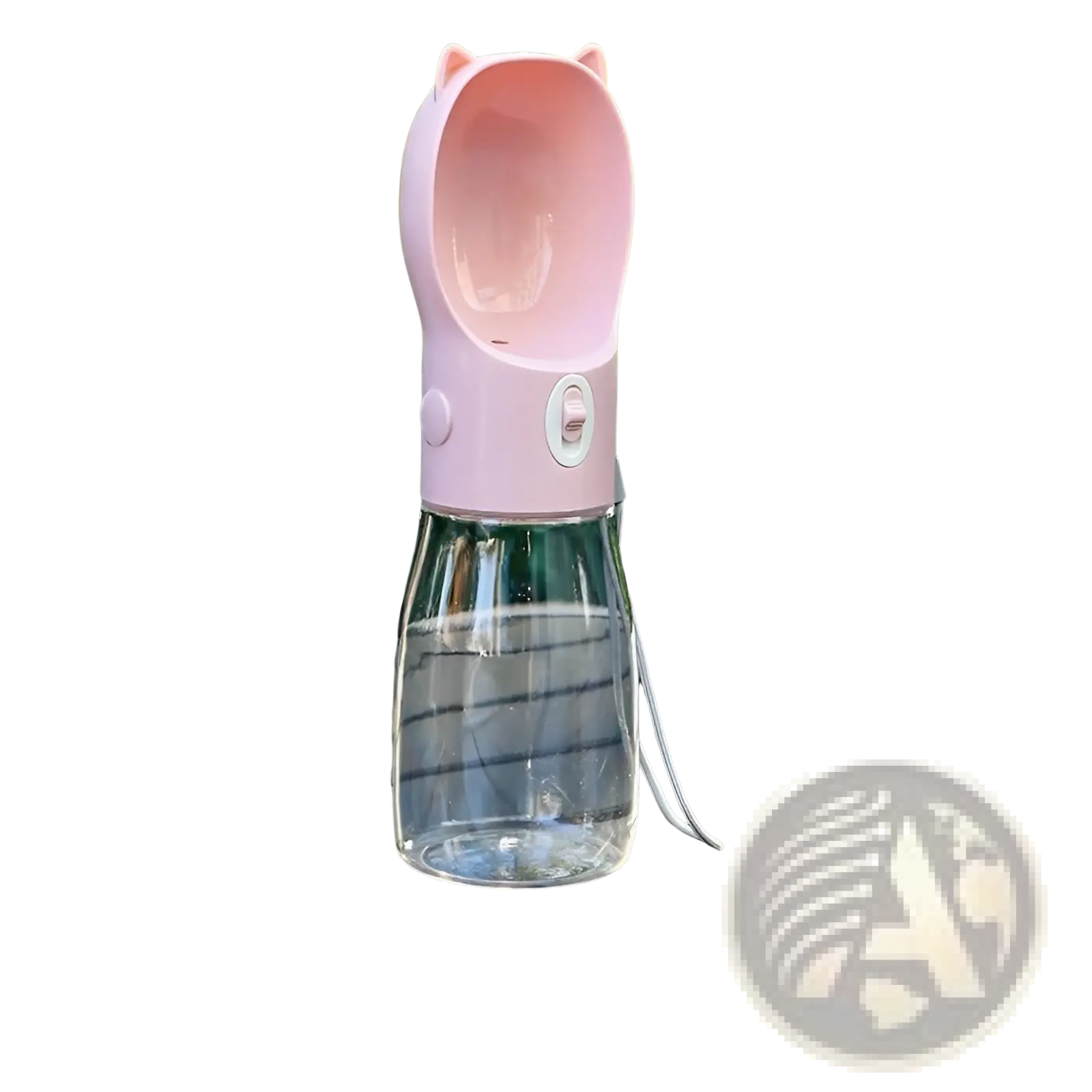 Portable cat ear pet water bottle in pink with a clear glass base and 550ml capacity for easy hydration
