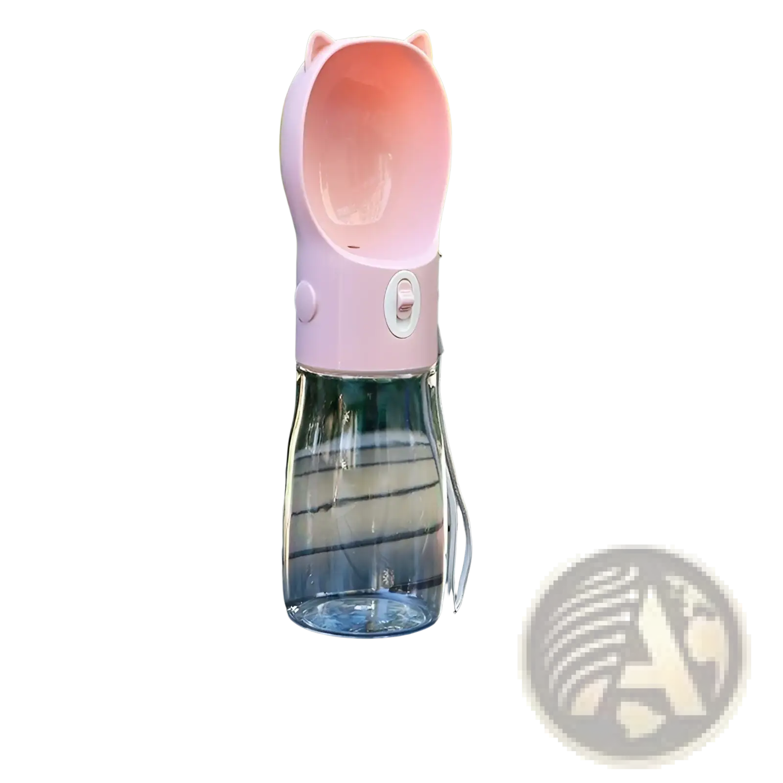 Portable cat ear pet water bottle with a clear glass base and soft pink plastic cat-shaped top featuring ear handles