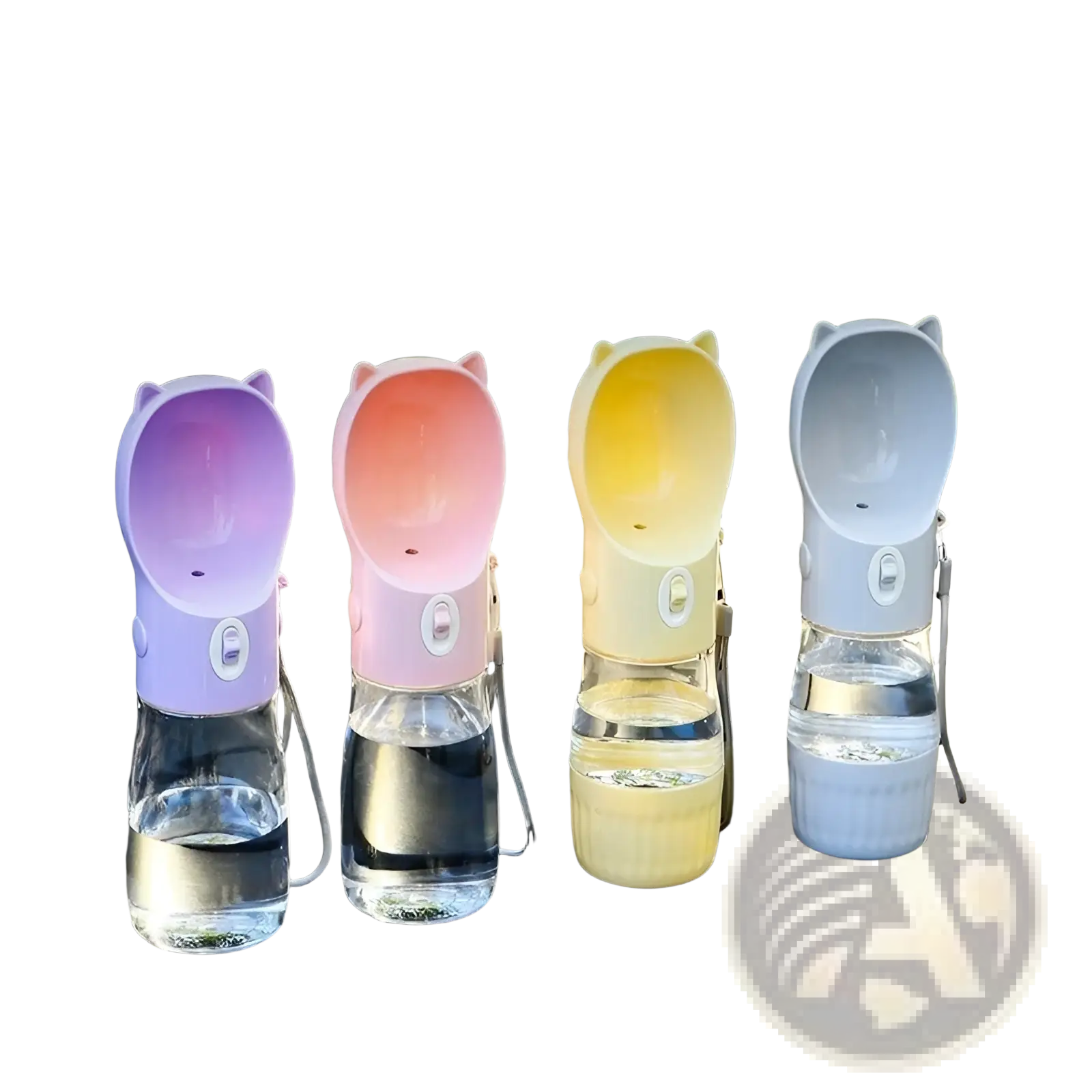 Portable cat ear pet water bottles in pastel purple pink yellow and white featuring a cute cat-ear top design