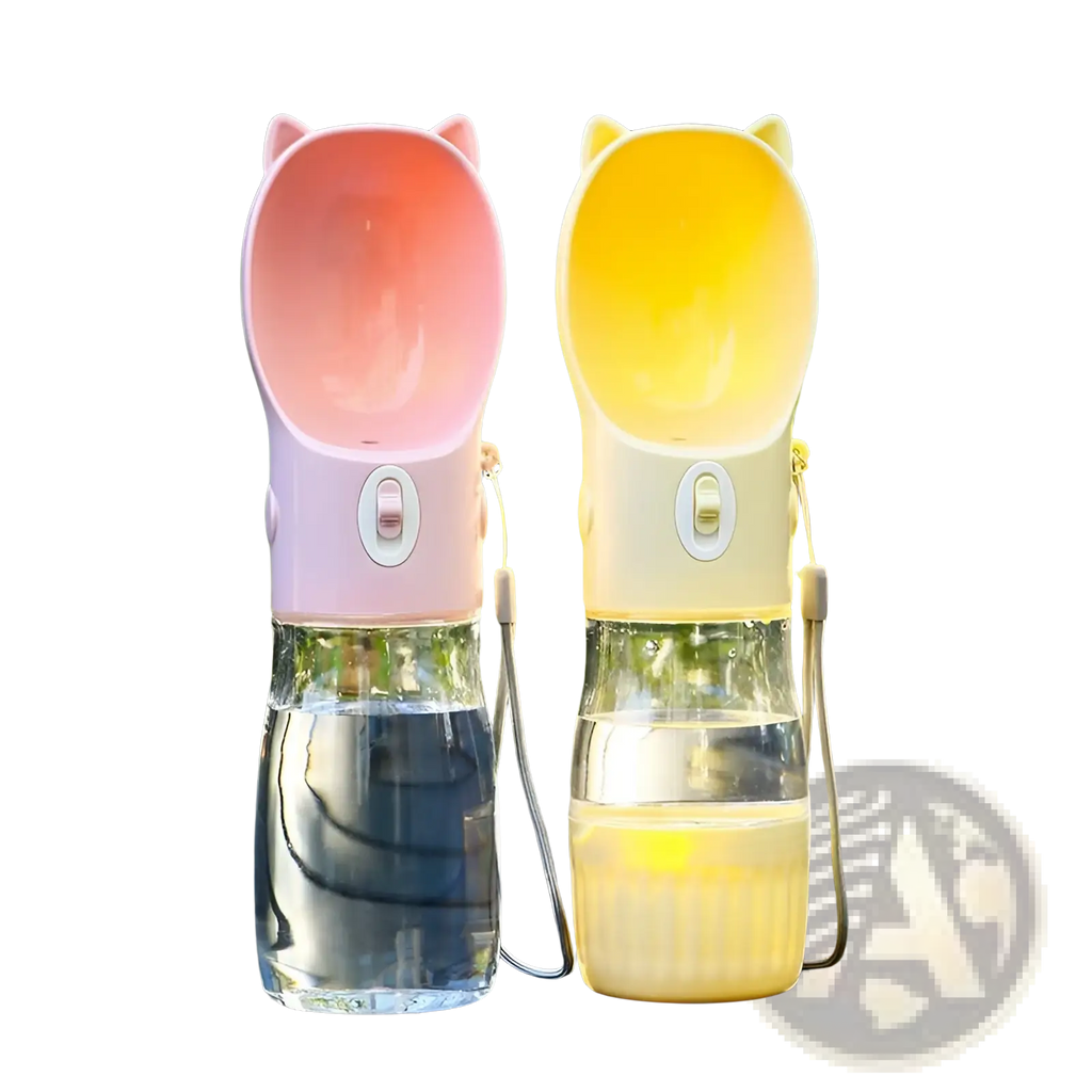 Portable cat ear pet water bottles in pink and yellow with clear glass bases for convenient hydration on the go