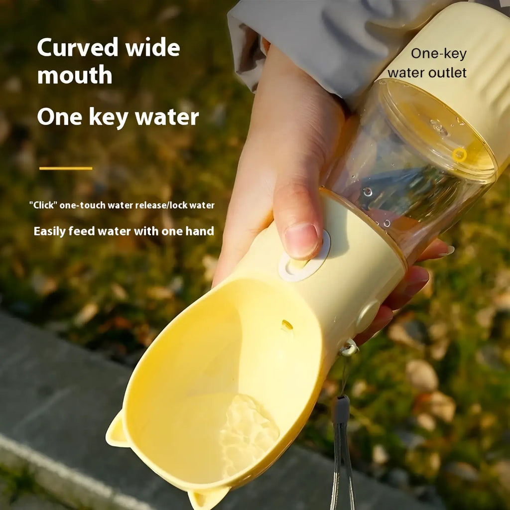 Portable cat ear pet water bottle in yellow plastic with curved wide mouth and one-key water outlet for easy use