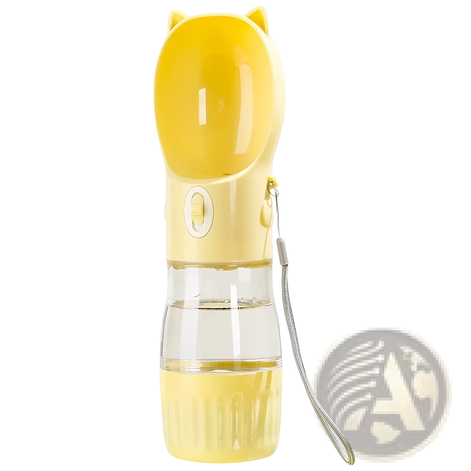 Portable cat ear pet water bottle with yellow cat-shaped top, clear glass body, and textured base for easy grip