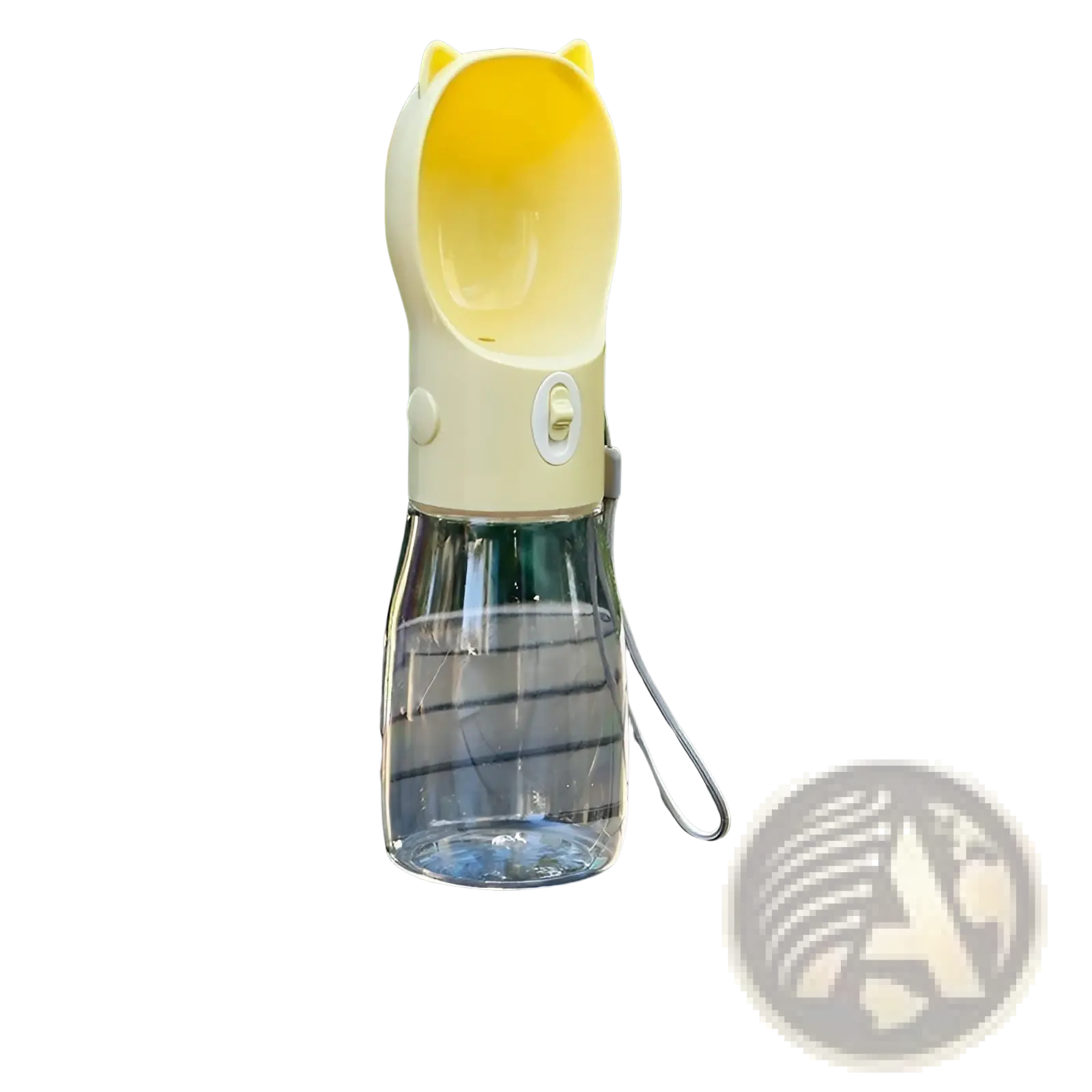 Portable cat ear pet water bottle is a yellow cat-shaped water container with a clear glass base and white spout mechanism
