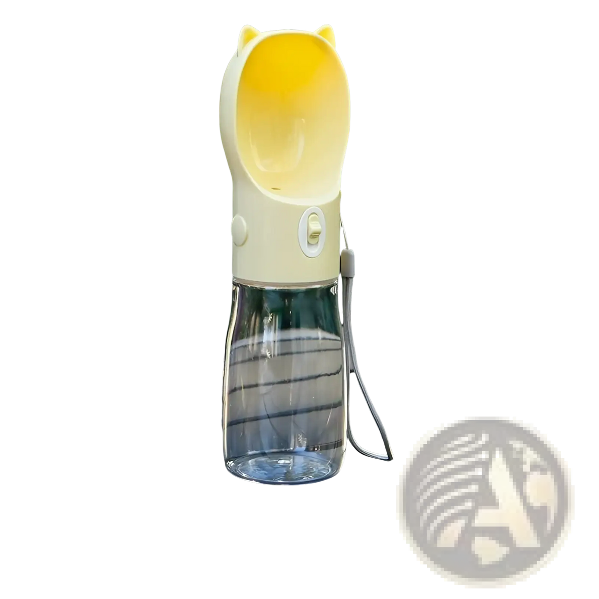 Portable yellow cat ear pet water bottle with clear glass base and detachable spout for hydration on the go