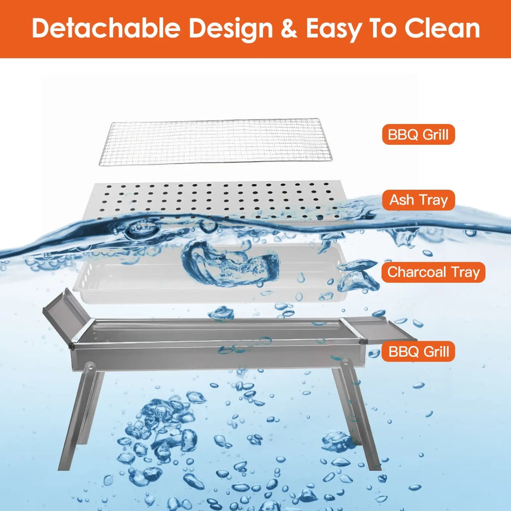 Portable charcoal BBQ grill foldable stainless steel net with detachable mesh grate perforated ash and charcoal trays