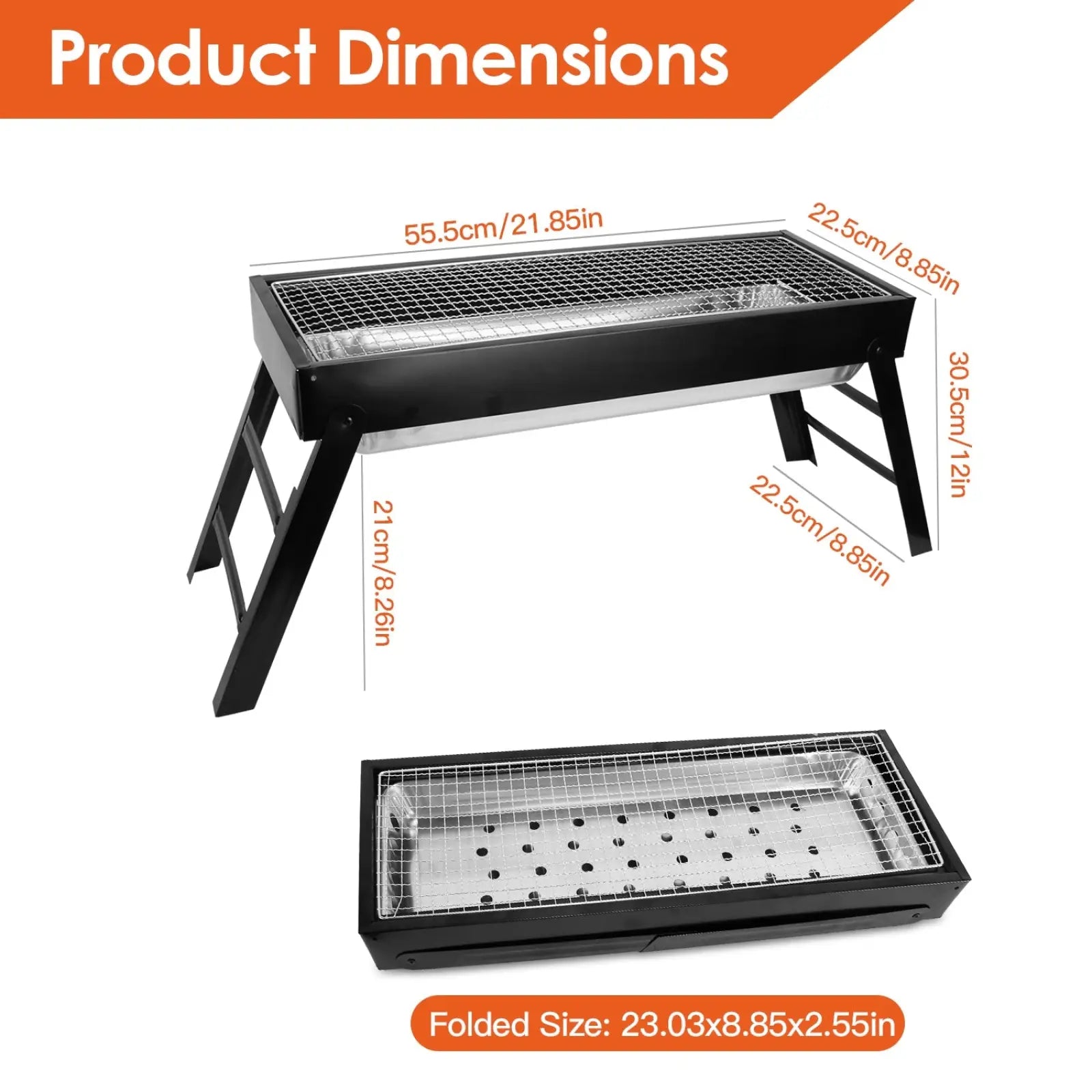Black portable folding charcoal BBQ grill with stainless steel cooking grate and heat-resistant interior panel
