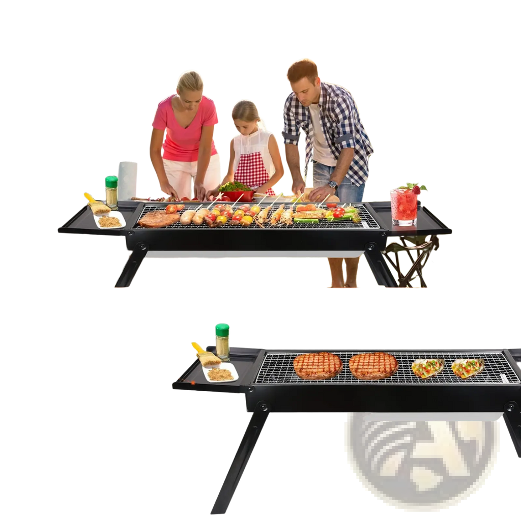 Black foldable portable charcoal BBQ grill with stainless steel net and two side trays for food and tools