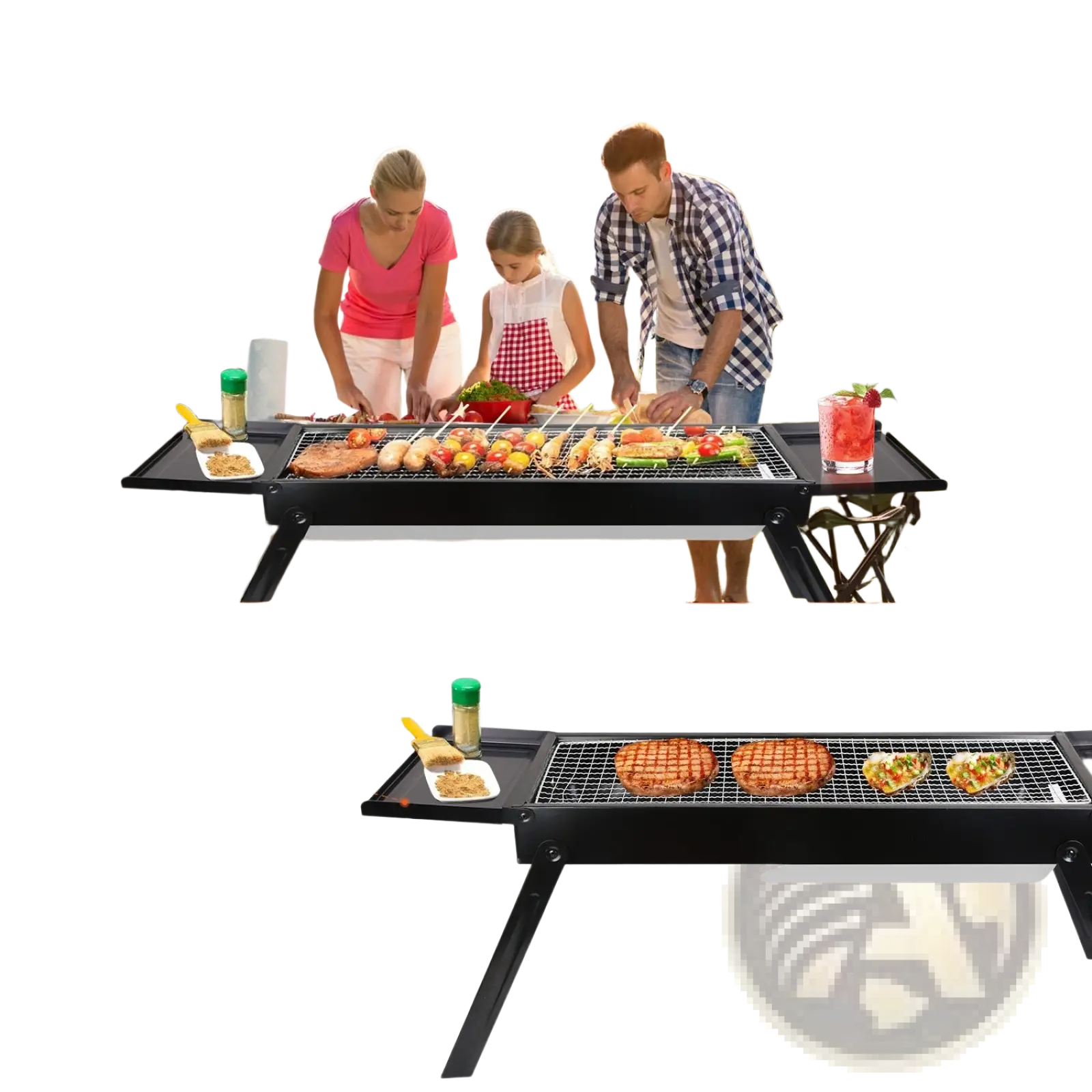 Black foldable portable charcoal BBQ grill with stainless steel net and two side trays for food and tools