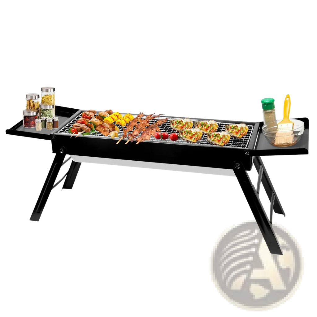 Black foldable portable charcoal bbq grill with stainless steel net metal surface and side trays for spices and tools