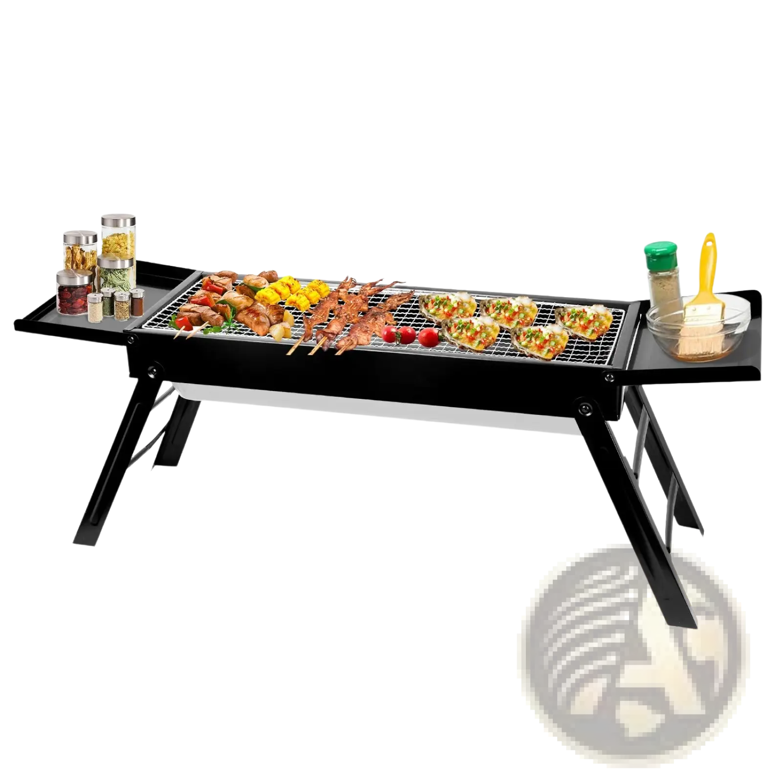 Black foldable portable charcoal bbq grill with stainless steel net metal surface and side trays for spices and tools