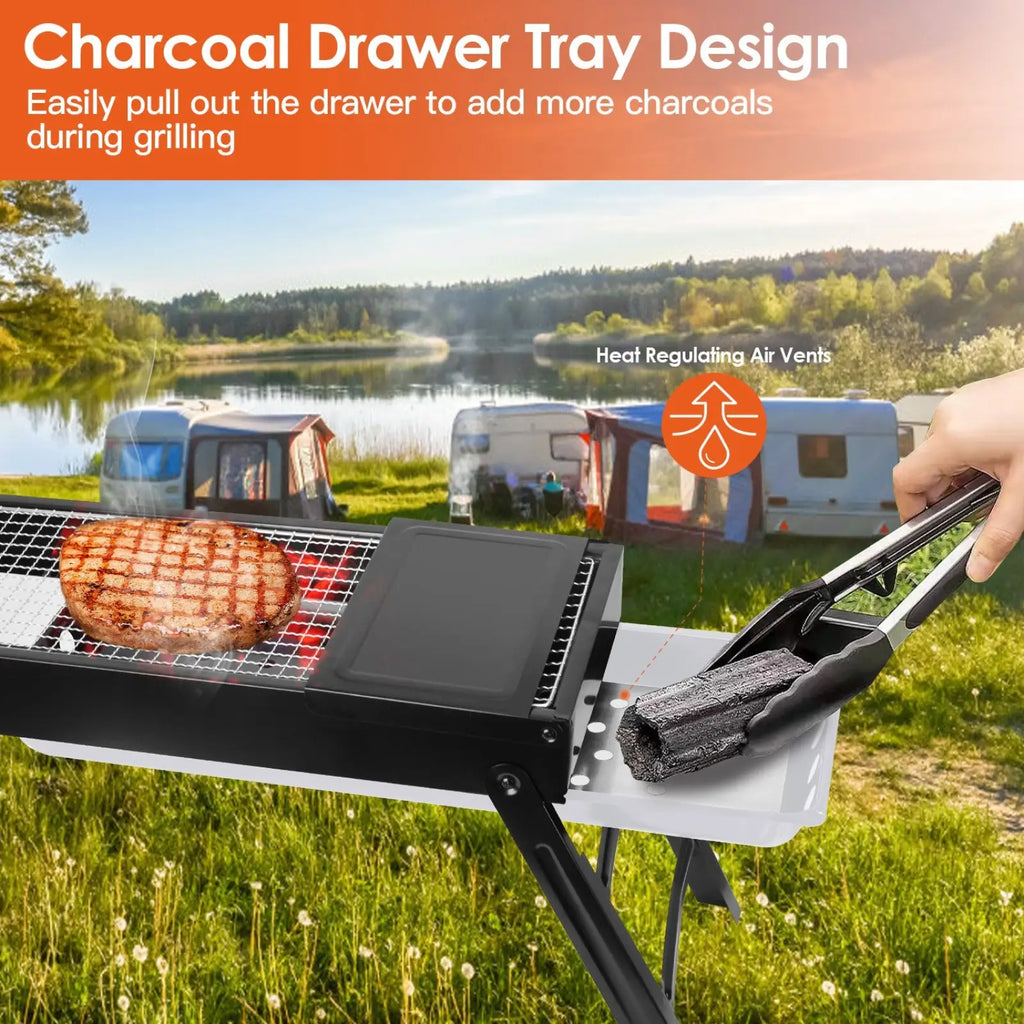 Black and white portable charcoal bbq grill with foldable stainless steel net and pull-out drawer tray for easy charcoal addition