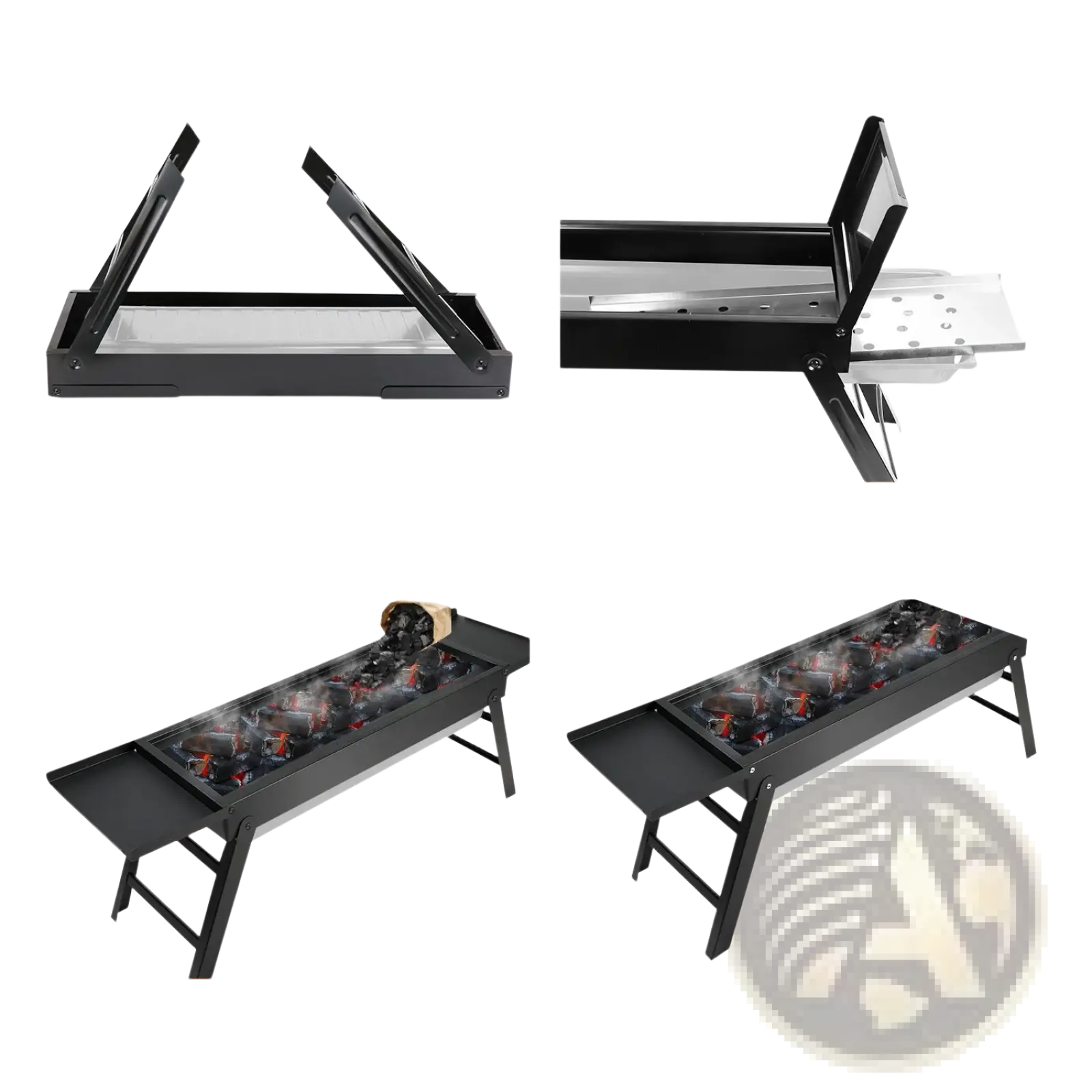 Black metal foldable portable charcoal bbq grill with rectangular stainless steel net cooking surface and side trays