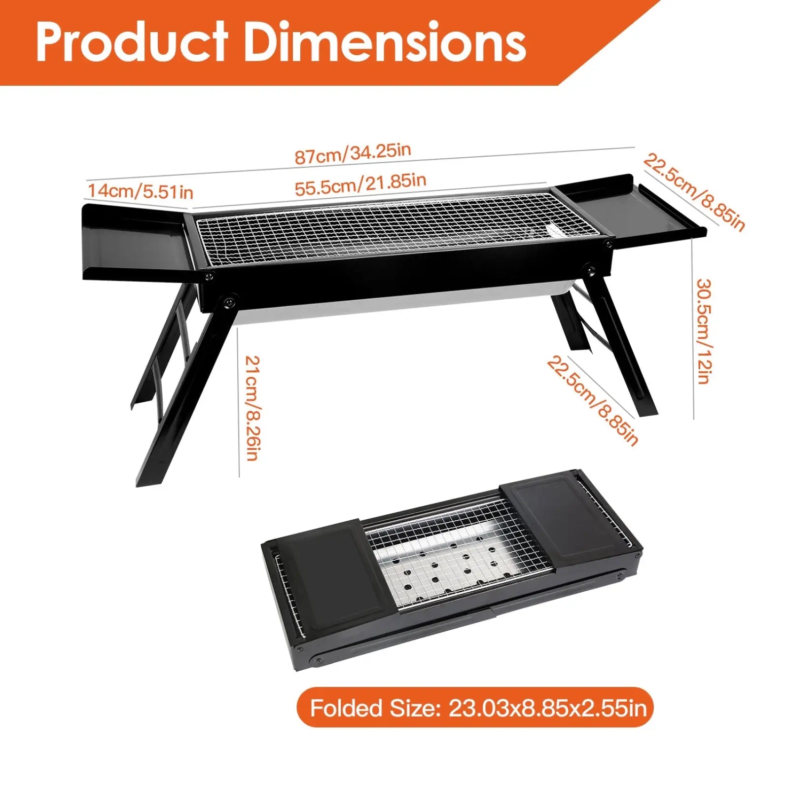 Black portable charcoal bbq grill with foldable stainless steel net and metal grilling surface with side trays