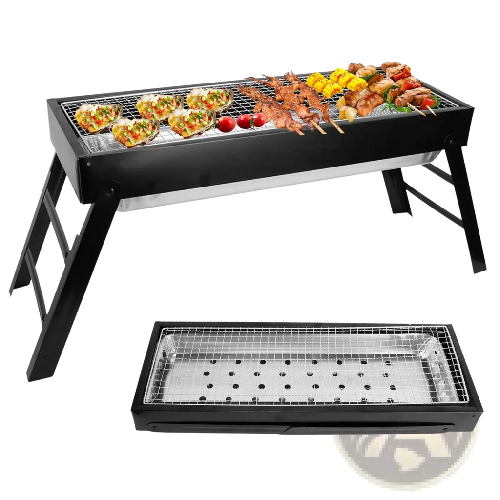 Portable charcoal bbq grill foldable stainless steel net in black and silver with detachable metal grilling tray
