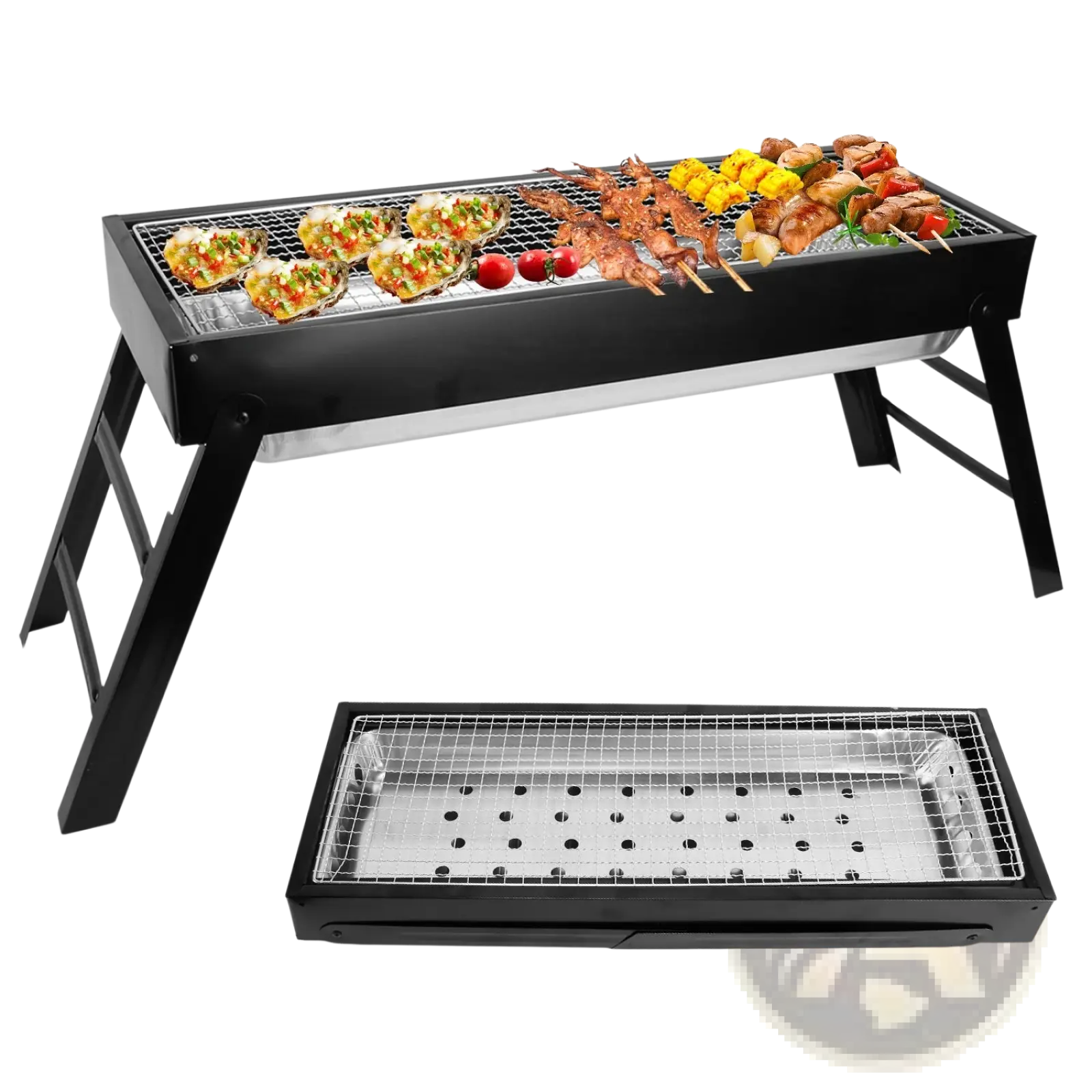 Portable charcoal bbq grill foldable stainless steel net in black and silver with detachable metal grilling tray