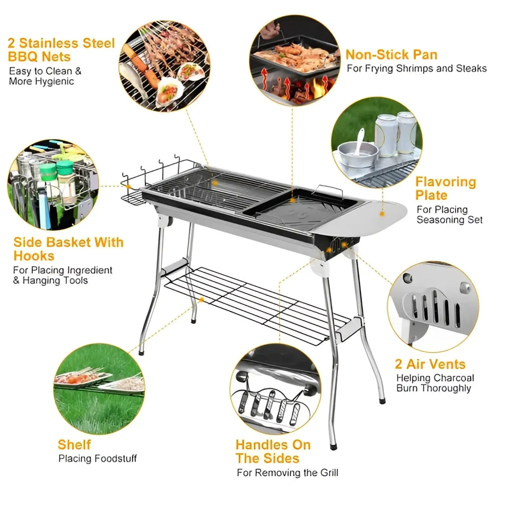 Silver stainless steel foldable charcoal grill with side shelf, air vents, and a non-stick pan for portable BBQ use