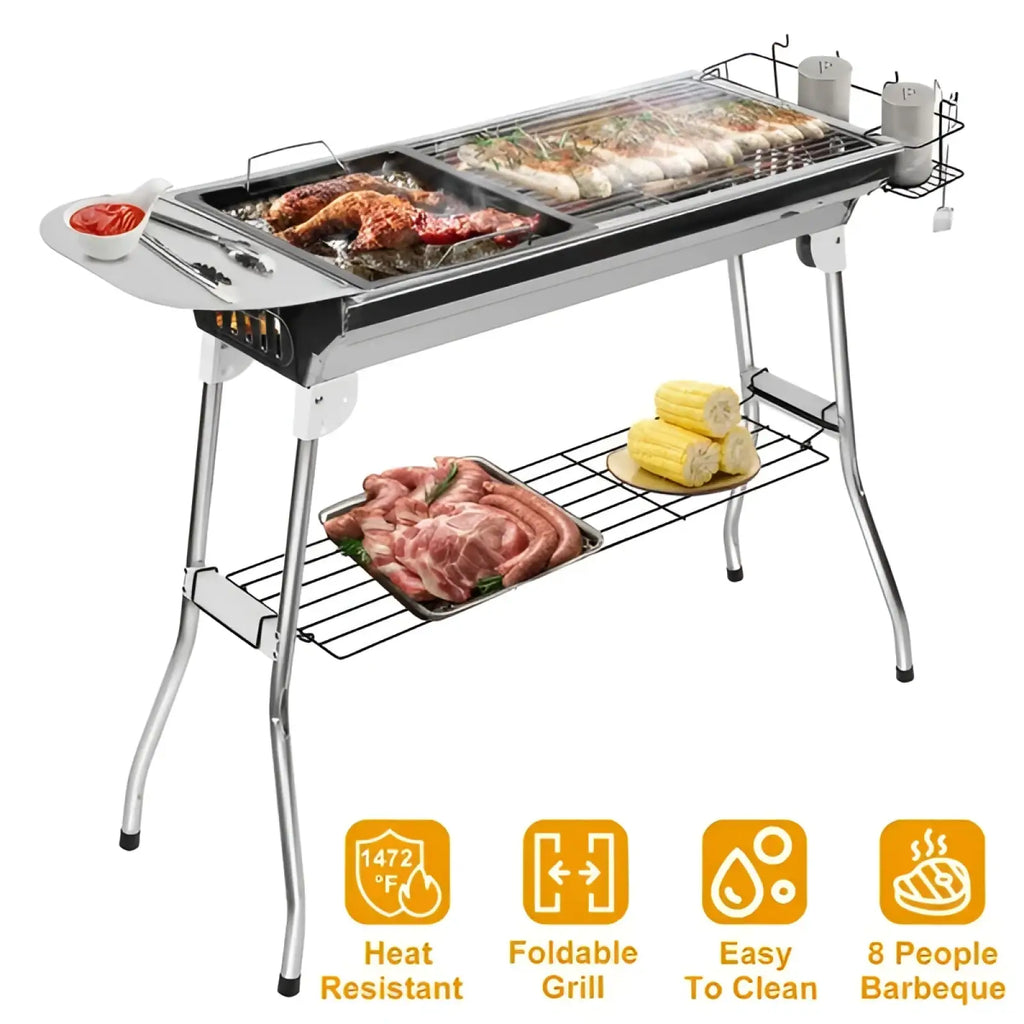 Stainless steel foldable portable charcoal bbq grill with dual cooking surface, side shelves, and built-in spice holders