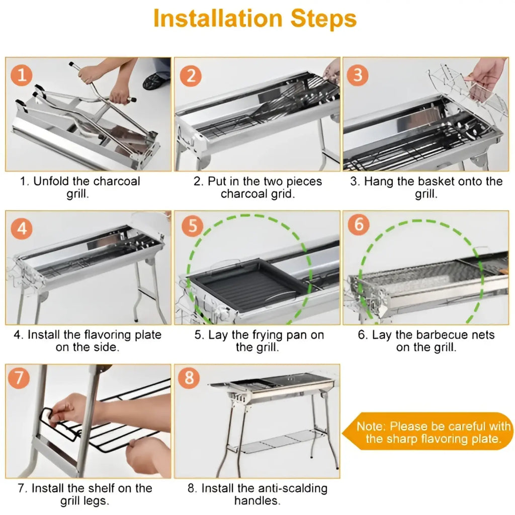 Silver stainless steel portable charcoal bbq grill with foldable legs and accessories for 8 people