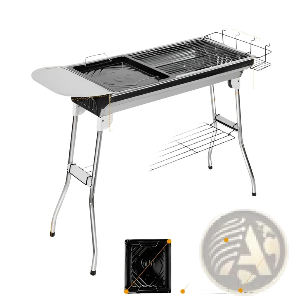 Silver stainless steel portable gas grill with foldable legs and detachable wire rack for 8 people use