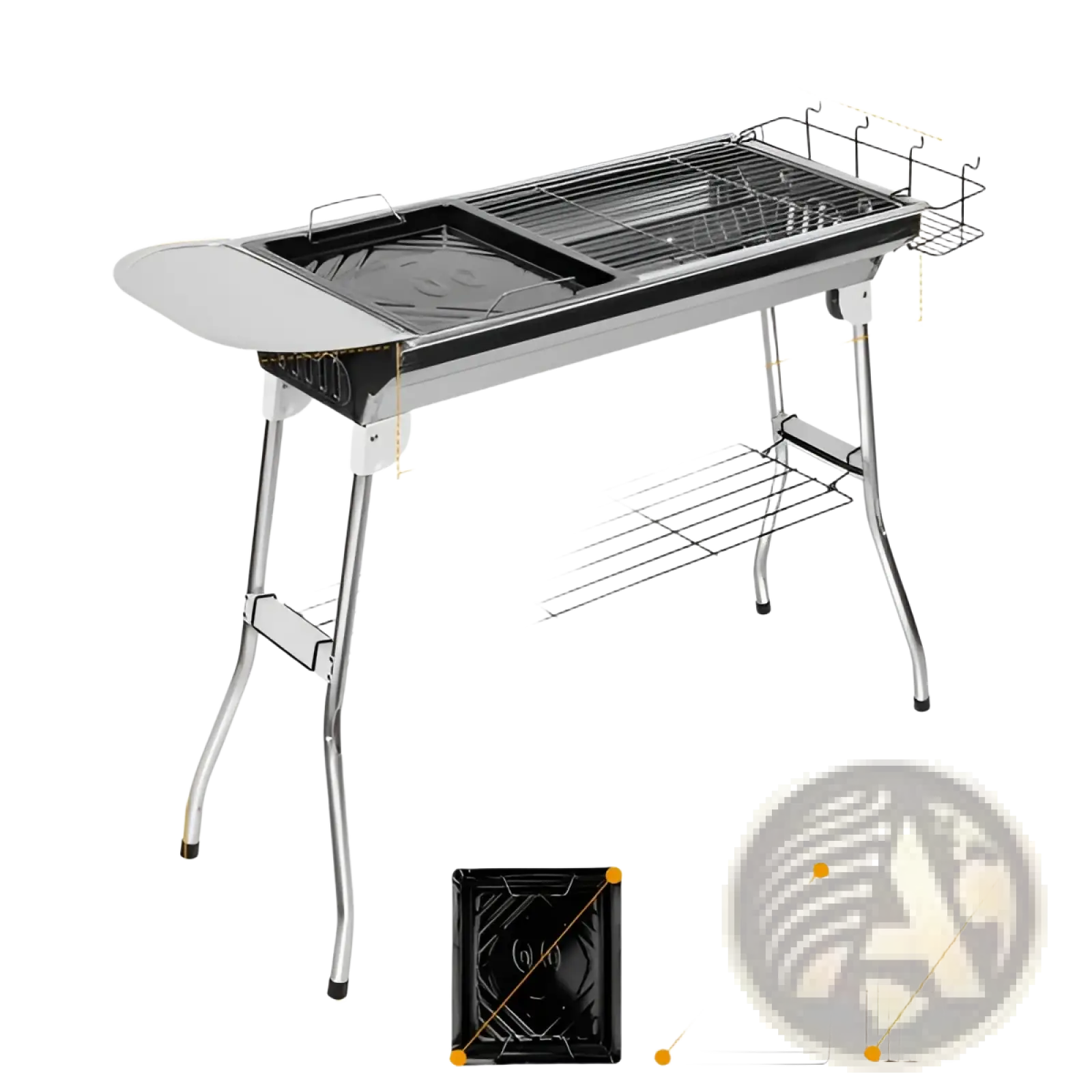 Silver stainless steel portable gas grill with foldable legs and detachable wire rack for 8 people use