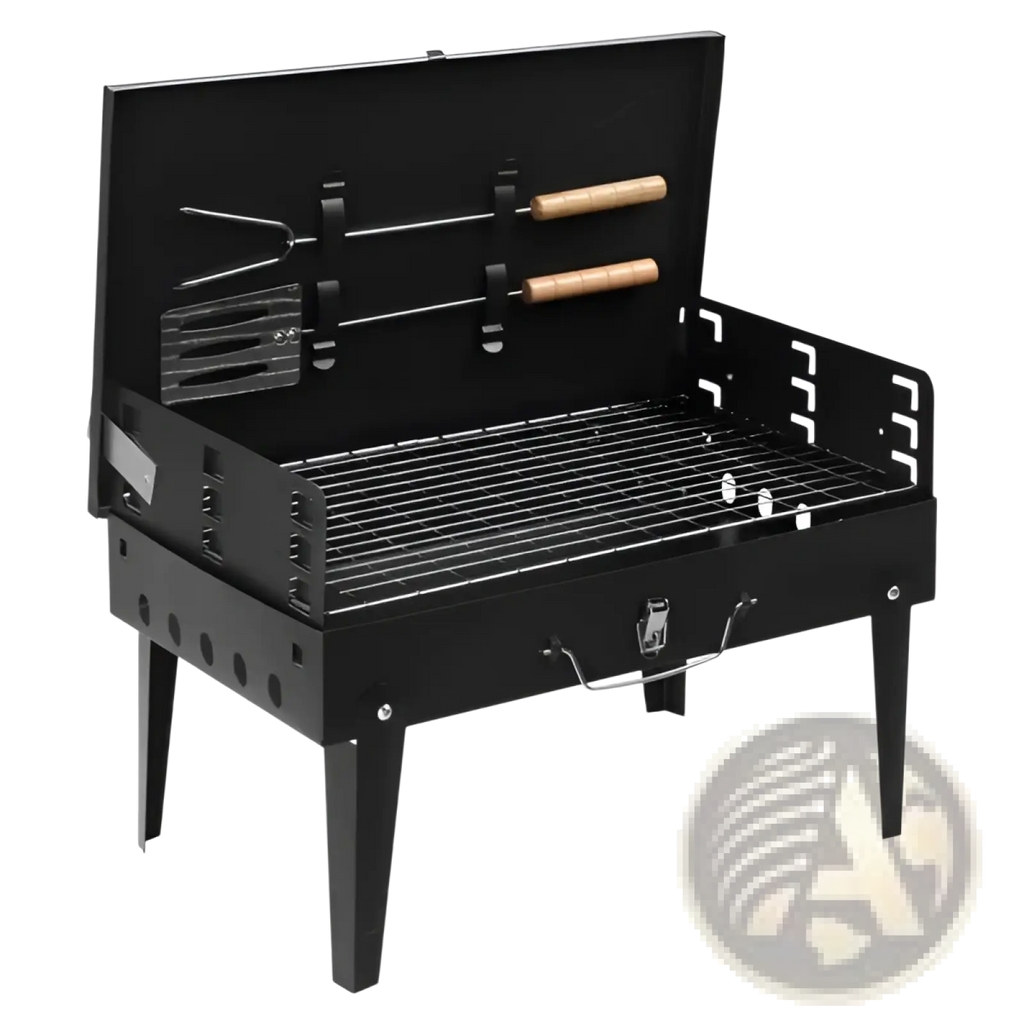 Black portable charcoal grill 44cm folding square bbq steel with wooden-handled tools stored in lid