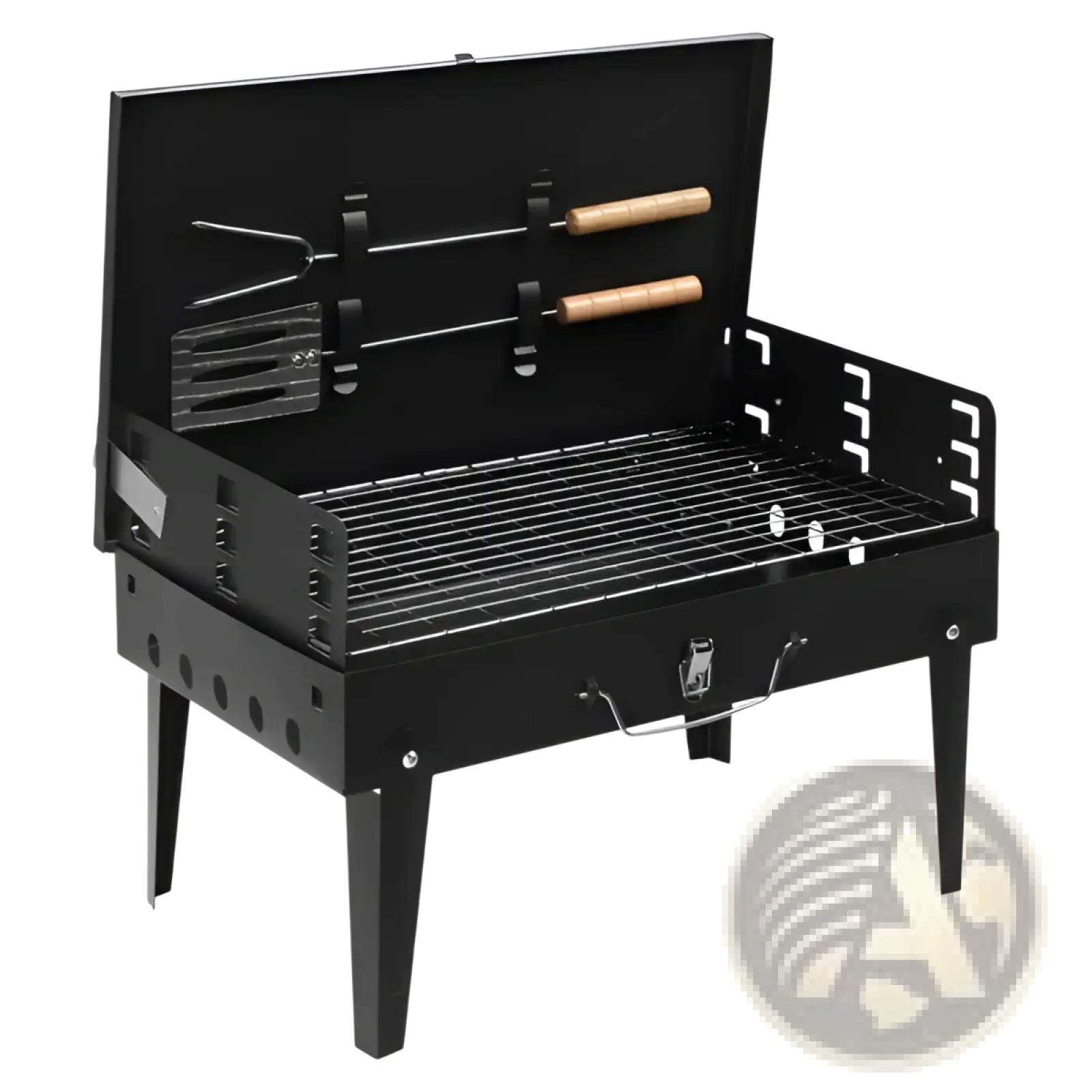 Black portable charcoal grill 44cm folding square bbq steel with wooden-handled tools stored in lid