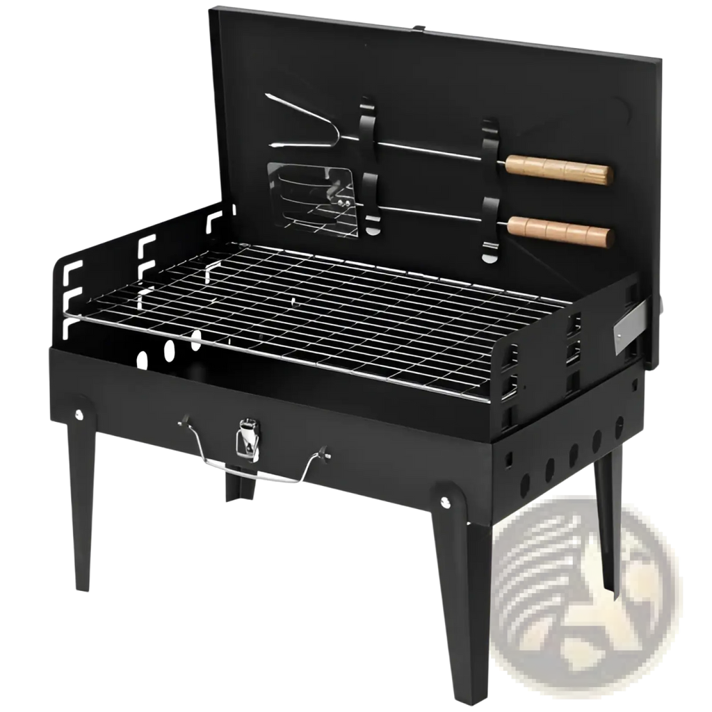 Black portable charcoal grill 44cm with wooden-handled skewers and metal rack inside steel folding square bbq
