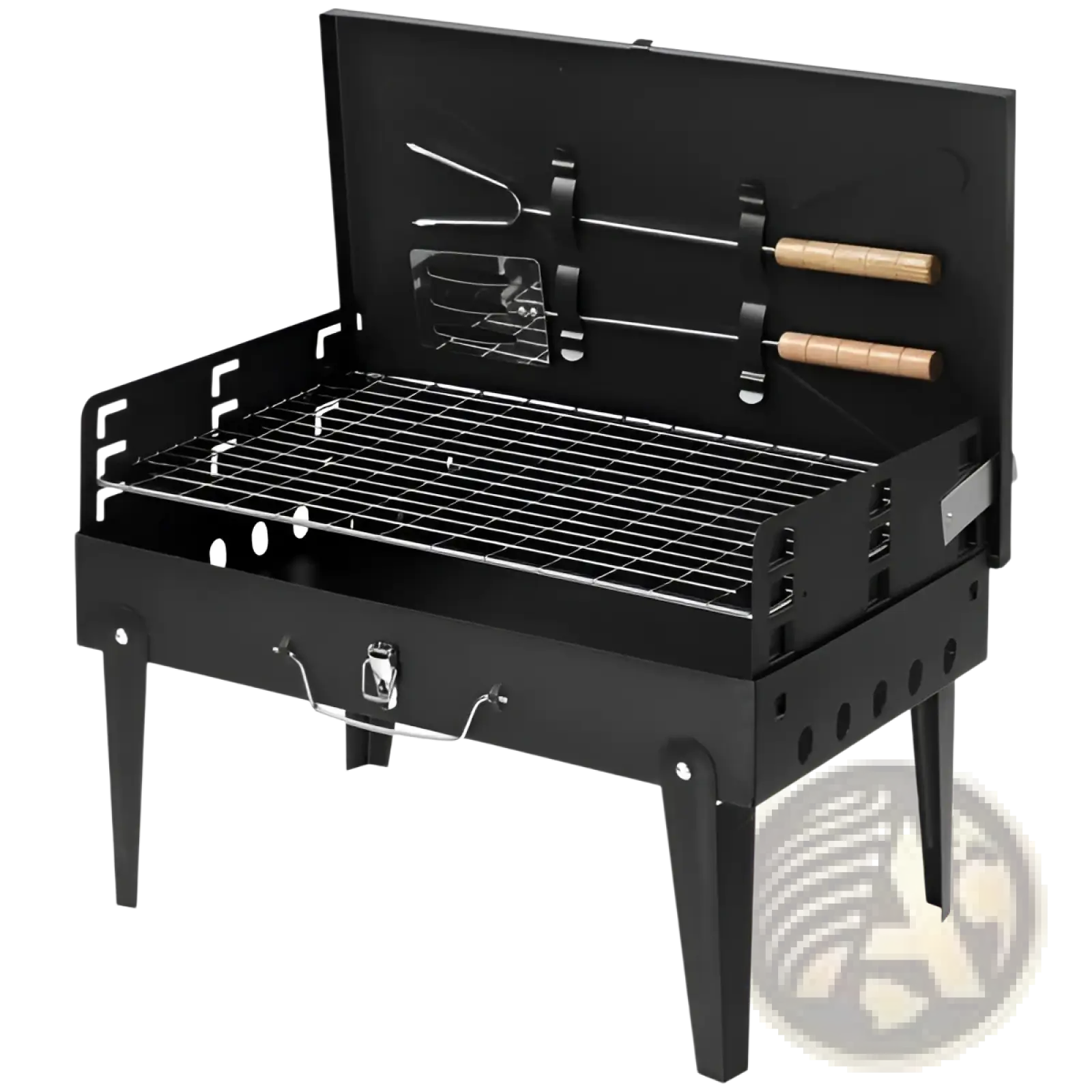 Black portable charcoal grill 44cm with wooden-handled skewers and metal rack inside steel folding square bbq