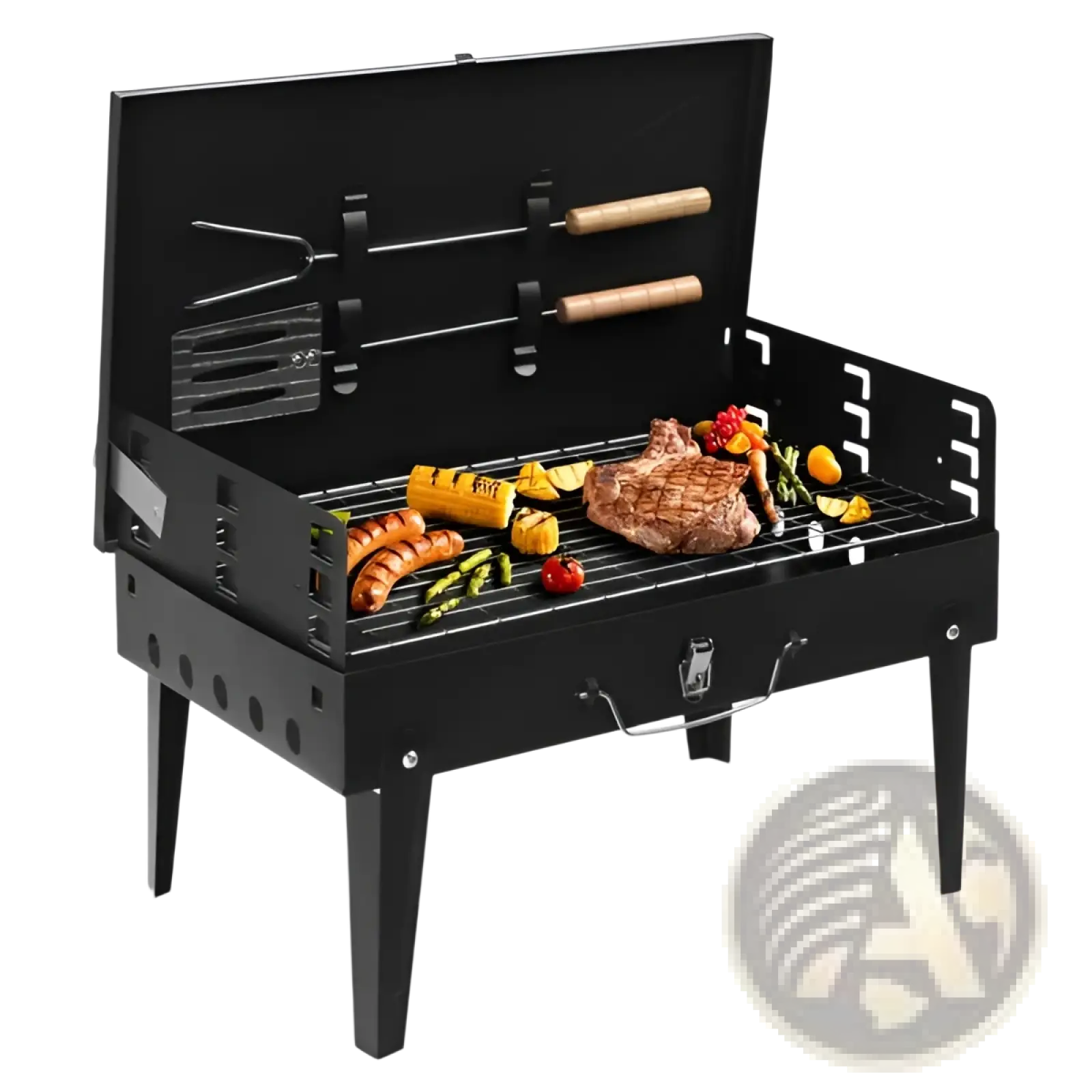 Black portable charcoal grill 44cm folding square bbq steel with wooden handles cooking meat vegetables and corn
