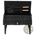 Black portable charcoal grill 44cm folding square bbq steel with wooden handled tools stored in lid
