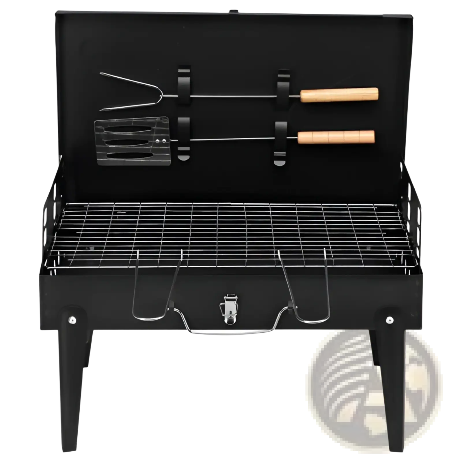 Black portable charcoal grill 44cm folding square bbq steel with wooden handled tools stored in lid