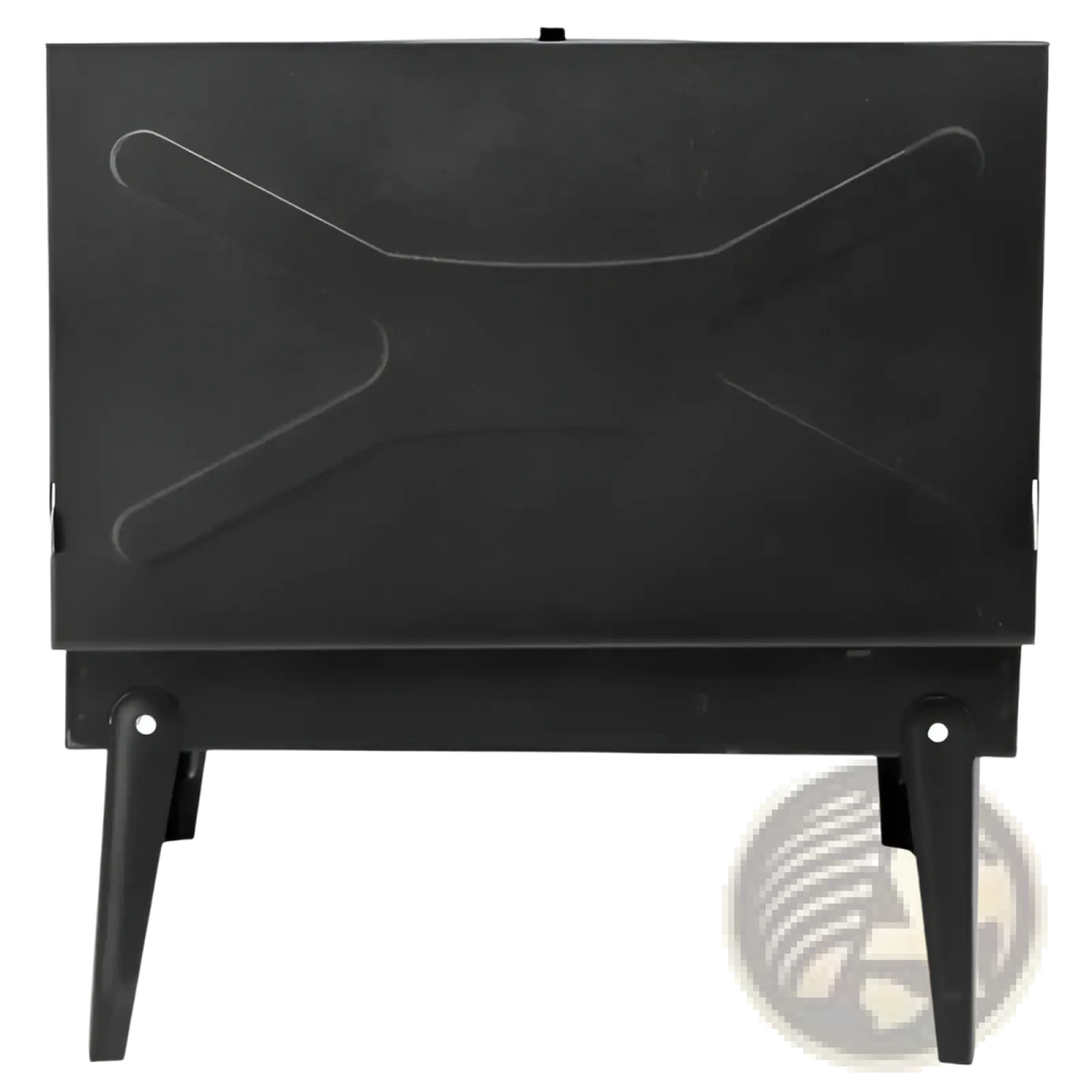 Black metal portable charcoal grill 44cm with folding square design and x-shaped embossed lid made of steel