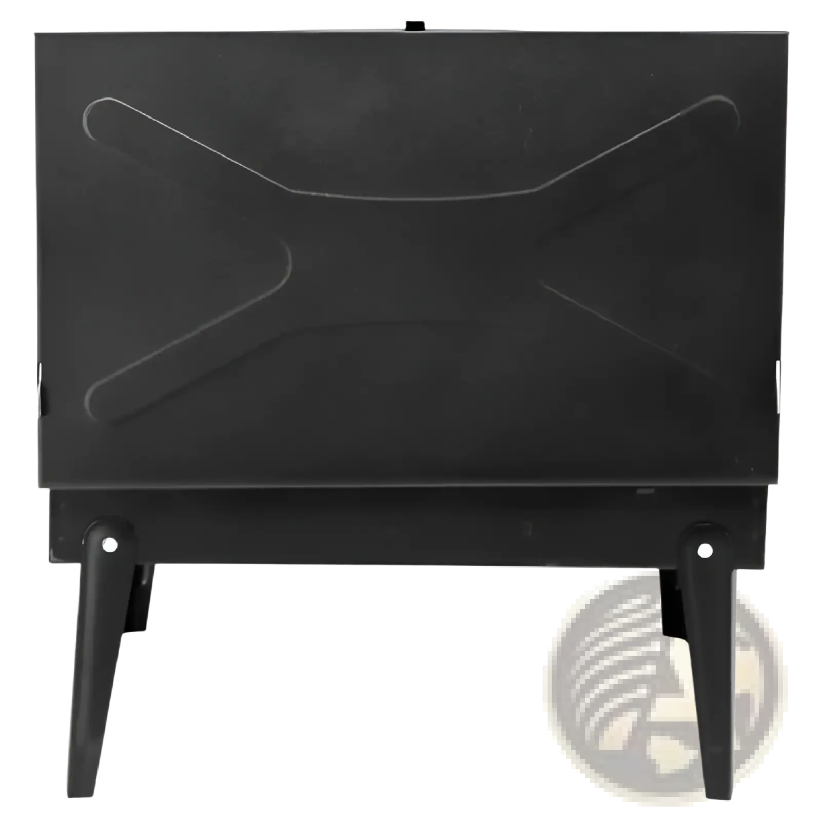 Black metal portable charcoal grill 44cm with folding square design and x-shaped embossed lid made of steel