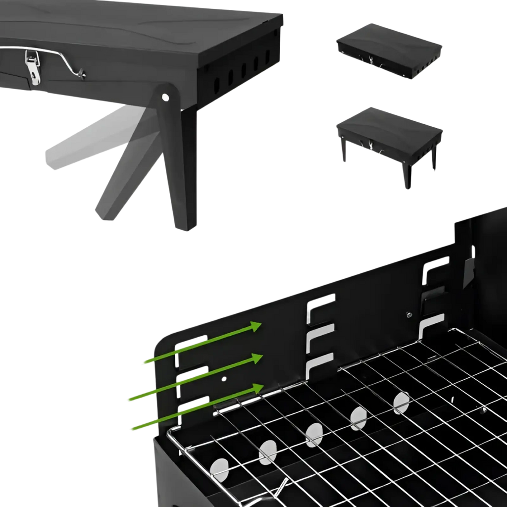 Black foldable portable charcoal grill with metal legs and steel grilling rack 44cm square bbq design