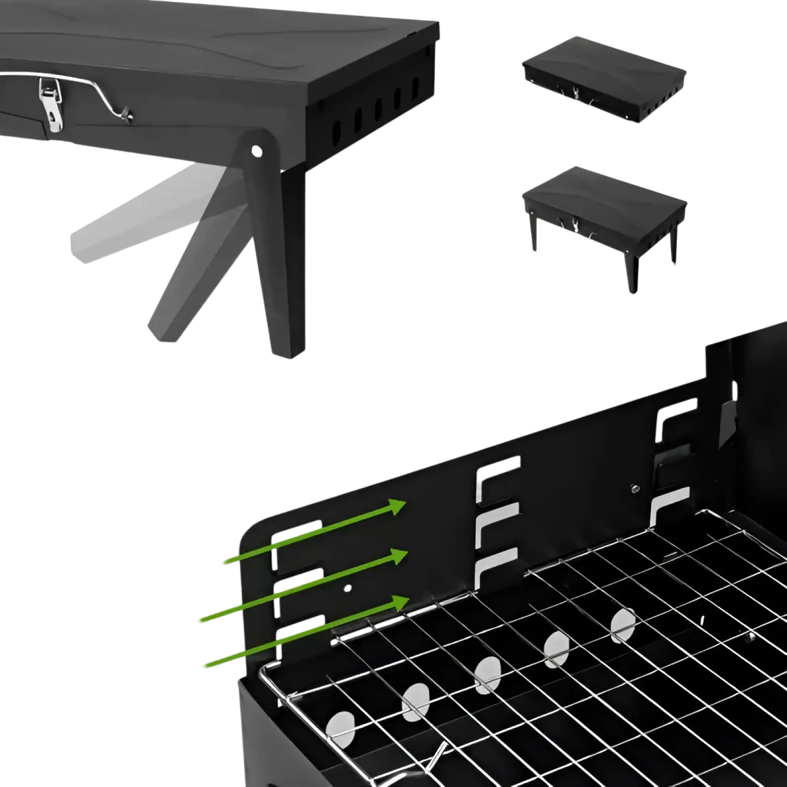 Black foldable portable charcoal grill with metal legs and steel grilling rack 44cm square bbq design