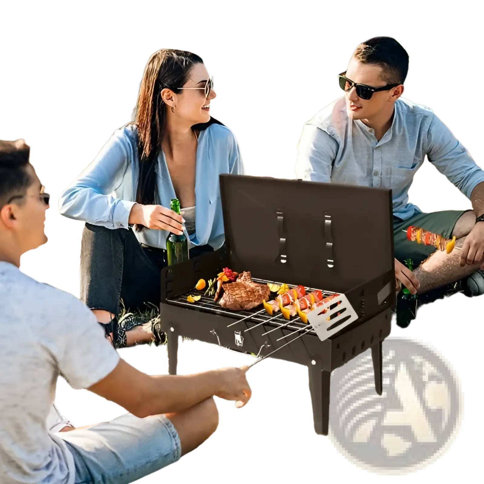 Black portable charcoal grill with foldable steel frame and metal grilling rack for outdoor BBQ use