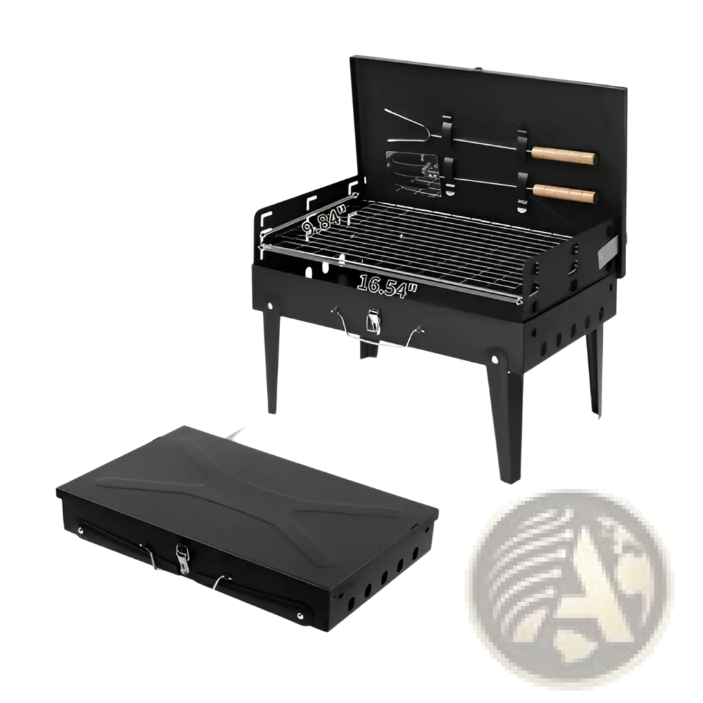 Black portable charcoal grill 44cm folding square steel with wooden-handled tools stored in lid compartment