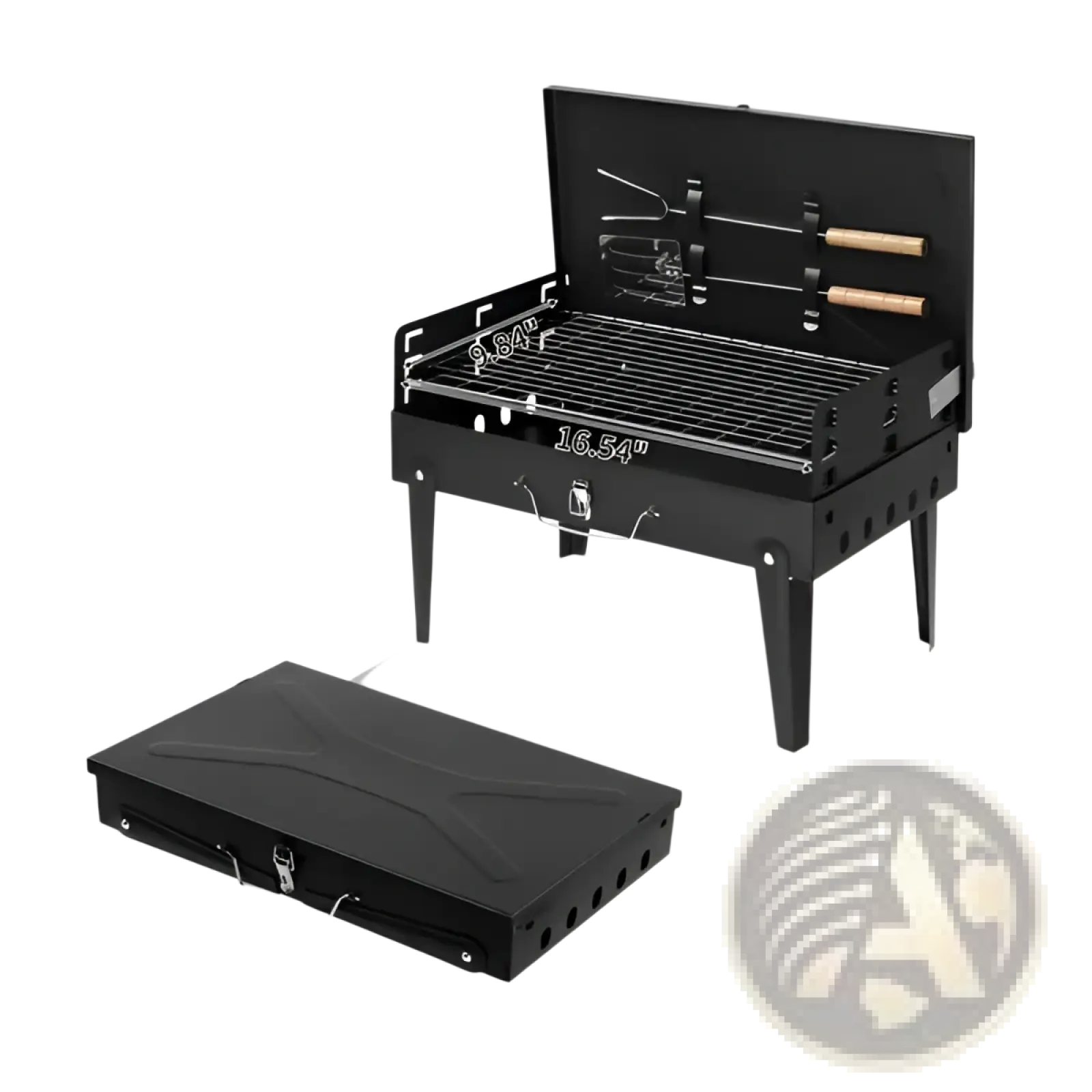 Black portable charcoal grill 44cm folding square steel with wooden-handled tools stored in lid compartment
