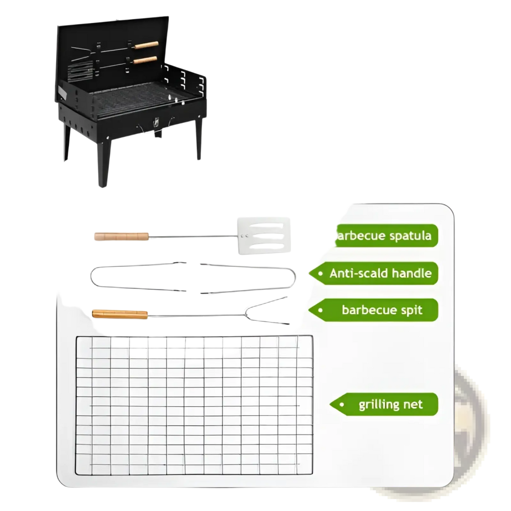 Black portable charcoal grill 44cm folding square bbq steel with wooden-handled tools and metal grilling net included