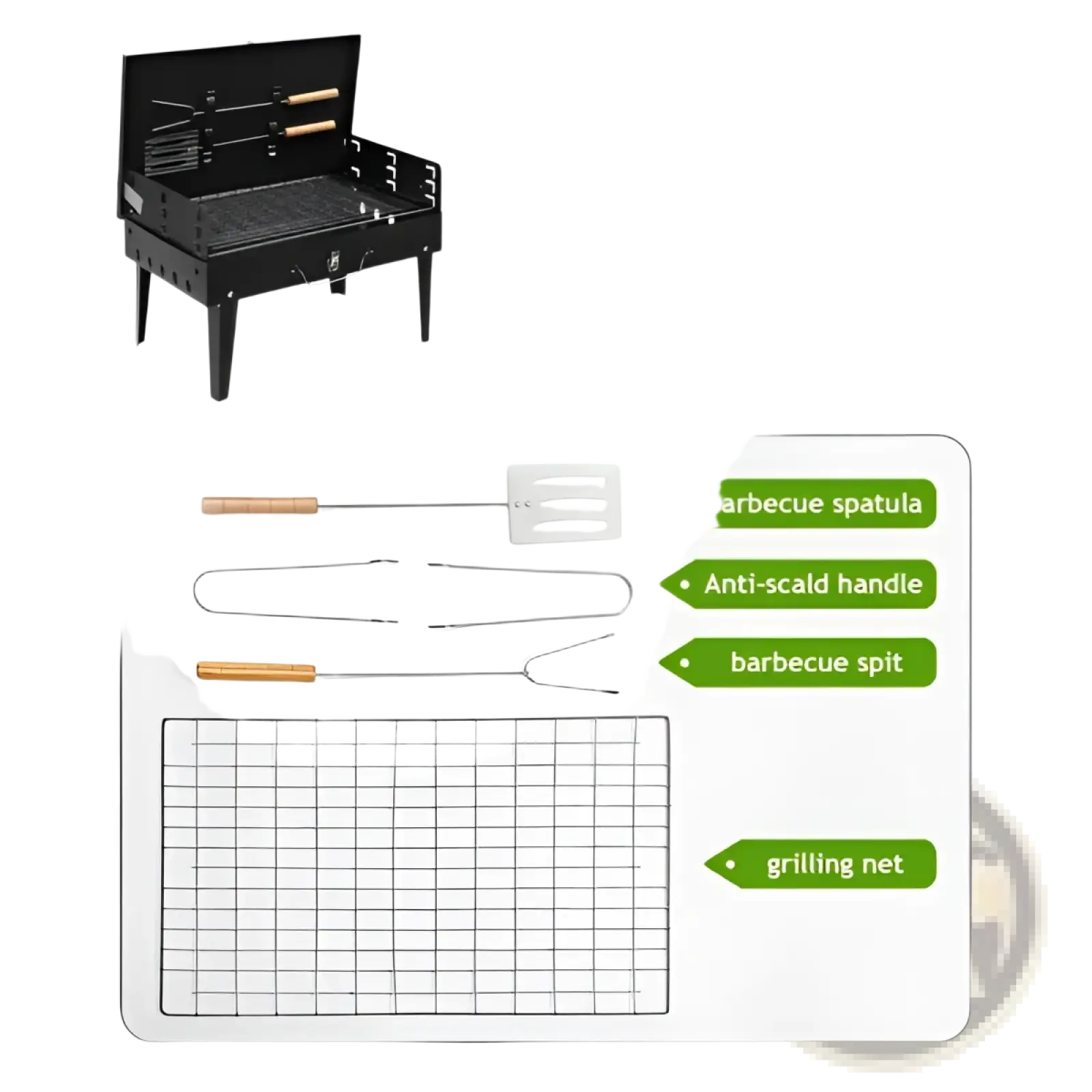 Black portable charcoal grill 44cm folding square bbq steel with wooden-handled tools and metal grilling net included