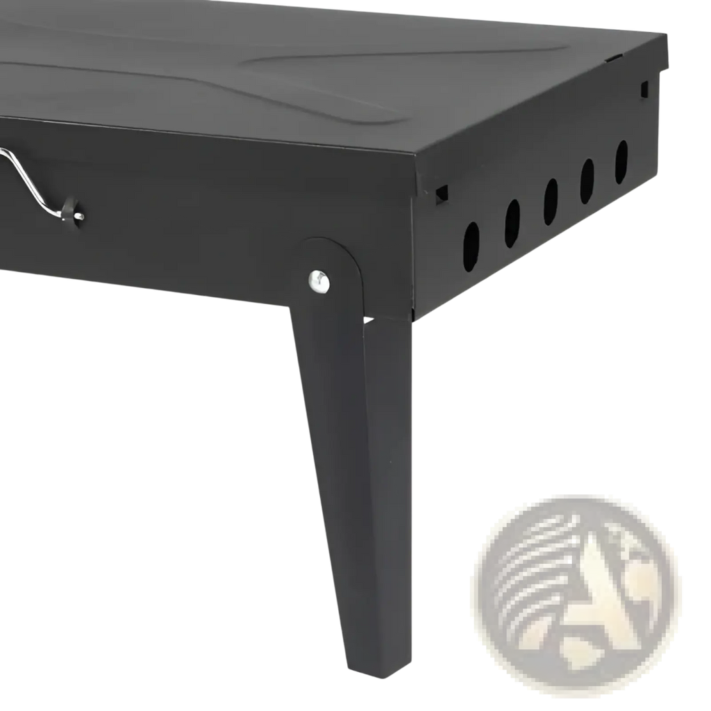 Black metal portable charcoal grill with sturdy rectangular design and ventilation holes along the side steel build