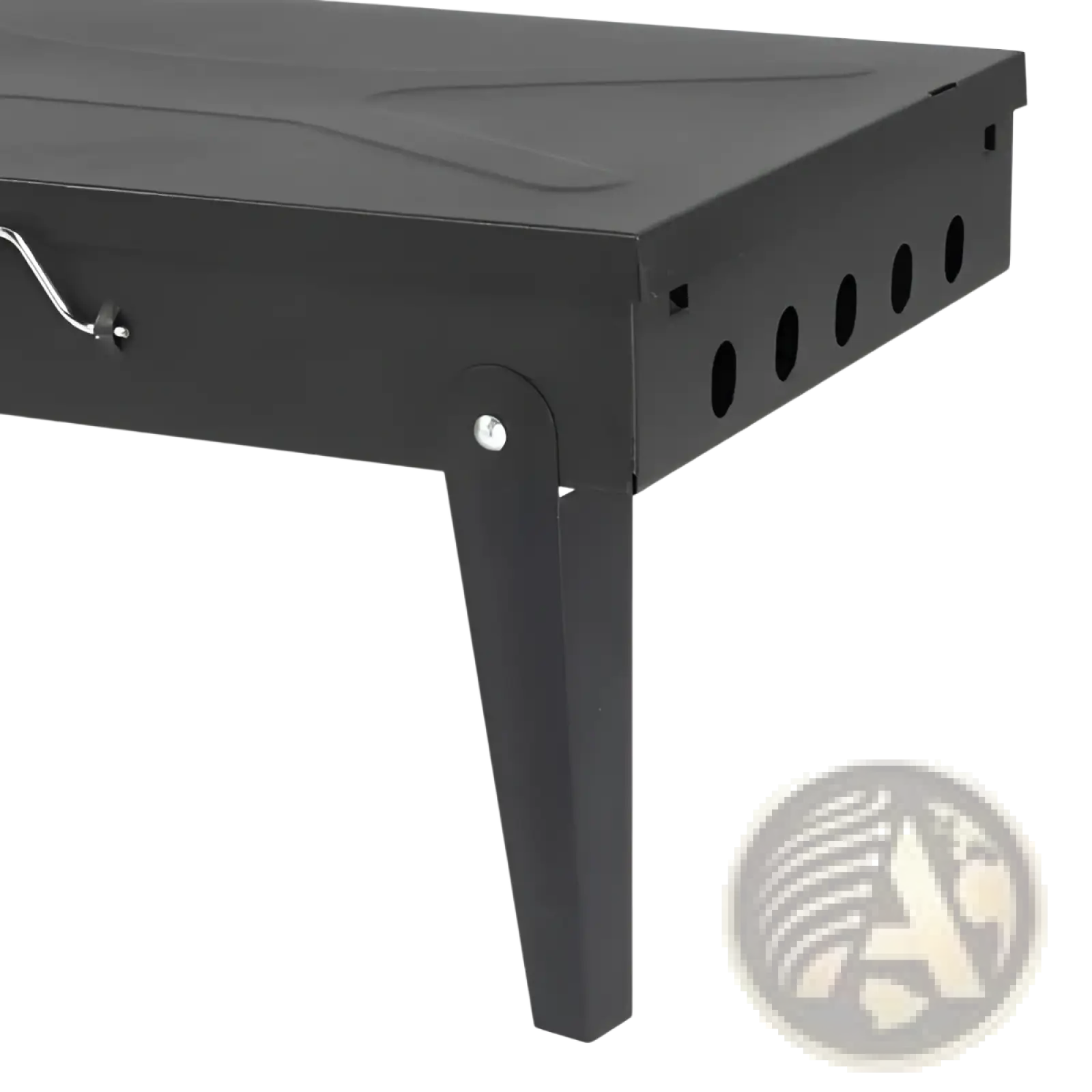 Black metal portable charcoal grill with sturdy rectangular design and ventilation holes along the side steel build
