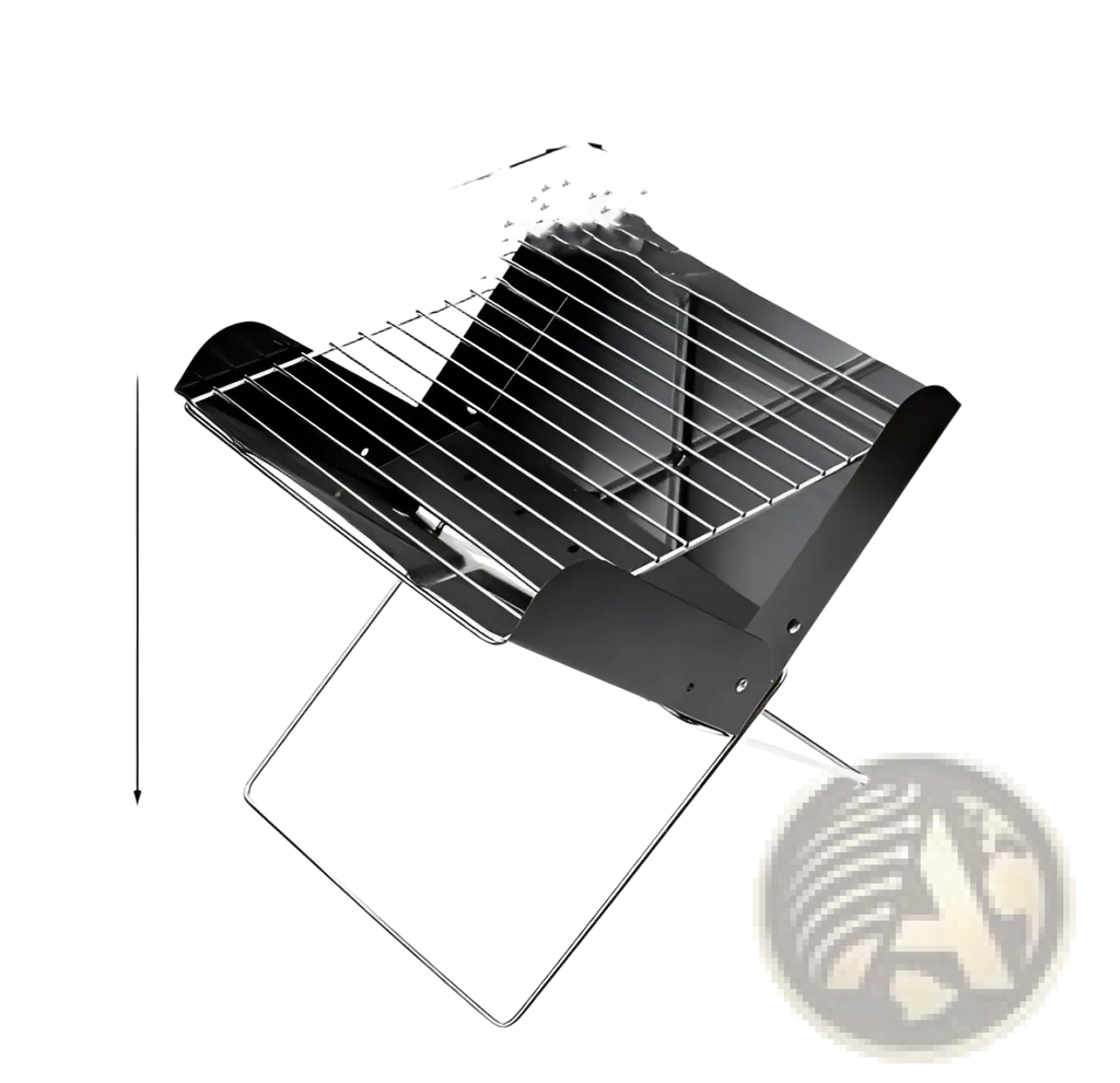 Black foldable portable charcoal grill with metal grate and legs for outdoor camping and easy transport