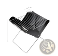 Black foldable portable charcoal grill with metal grate and legs for outdoor camping and easy transport