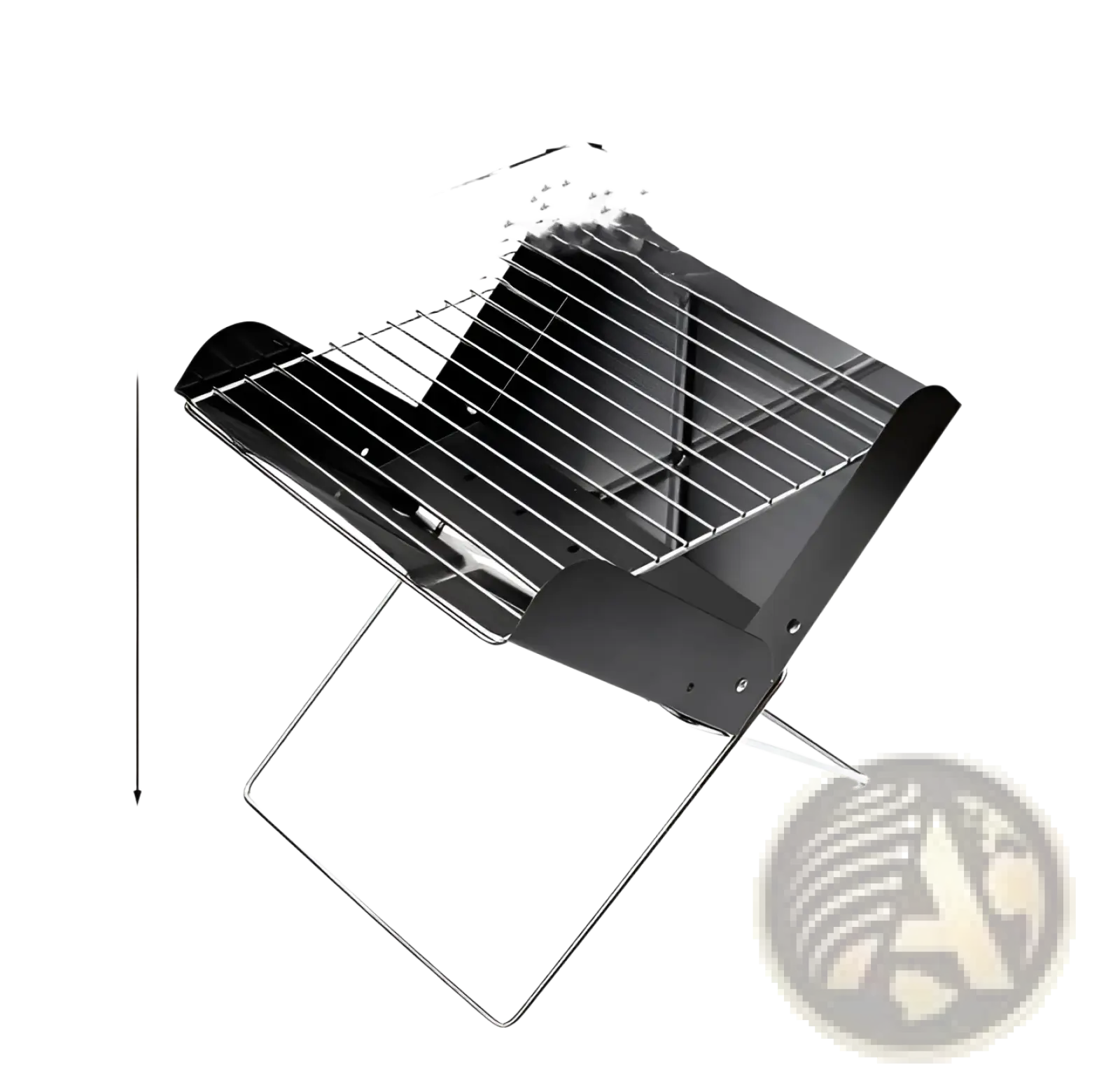 Black foldable portable charcoal grill with metal grate and legs for outdoor camping and easy transport