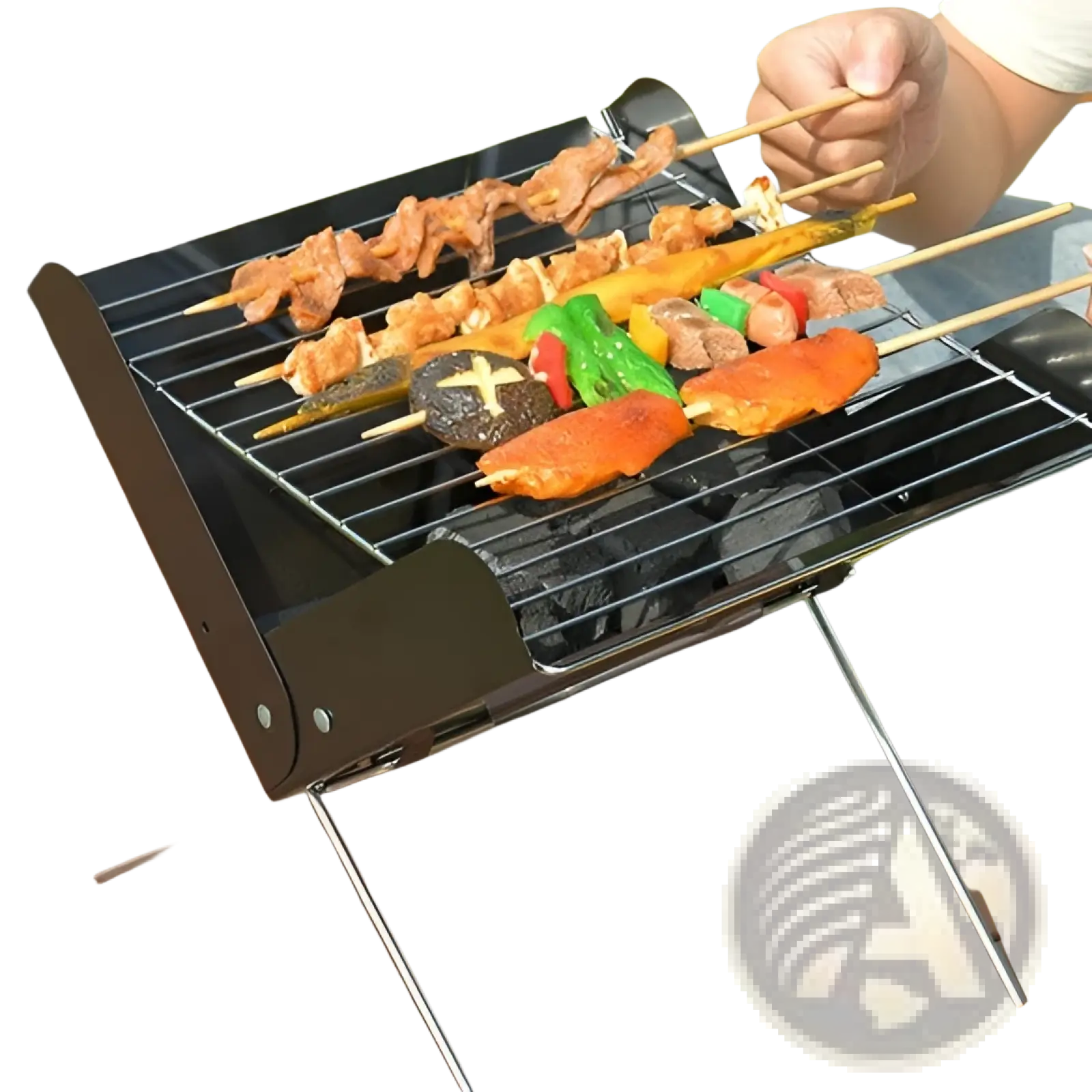 Black foldable charcoal grill with metal grates and legs designed for portable outdoor camping use