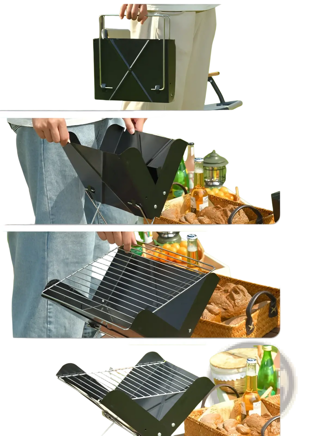 Black foldable charcoal grill with metal frame and wire rack for portable outdoor camping use