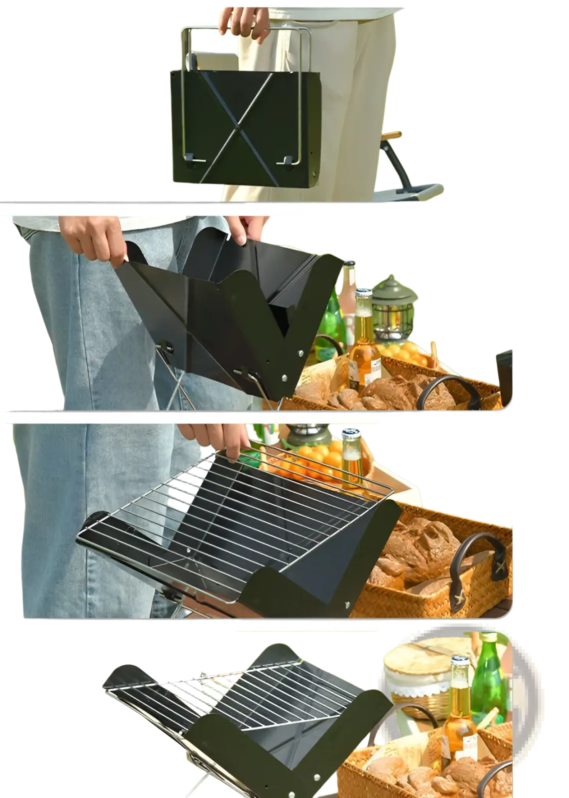 Black foldable charcoal grill with metal frame and wire rack for portable outdoor camping use